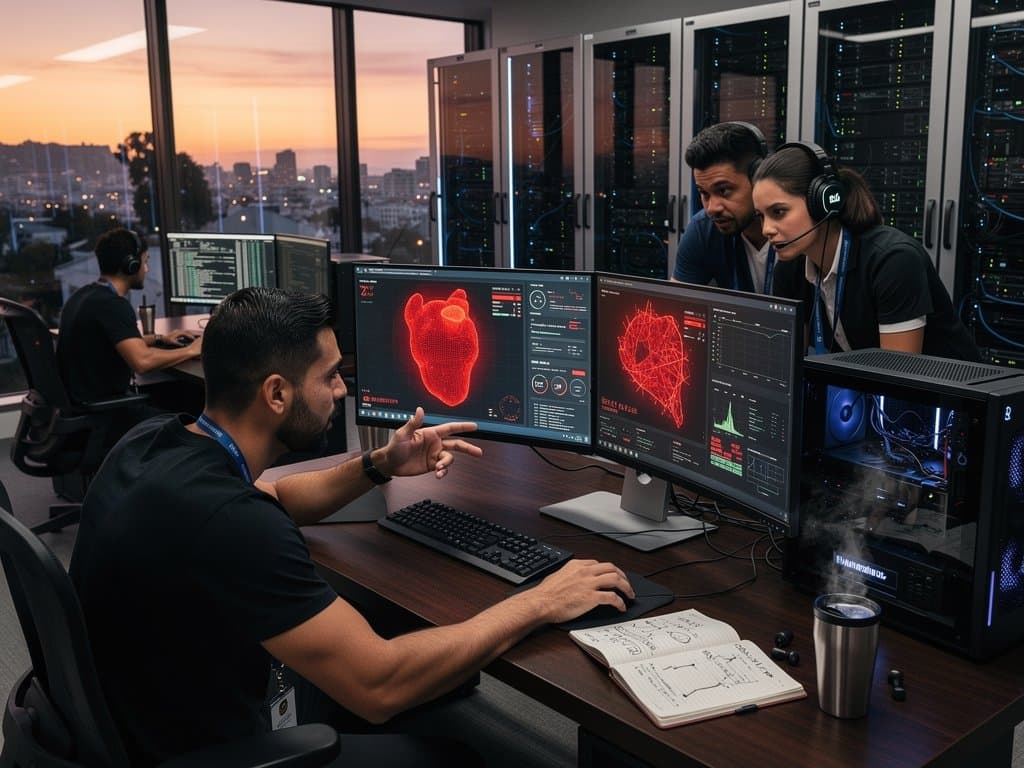 Cybersecurity team monitors PC endpoint privacy dashboards with input tracking alerts on multi-monitor setups in modern SOC