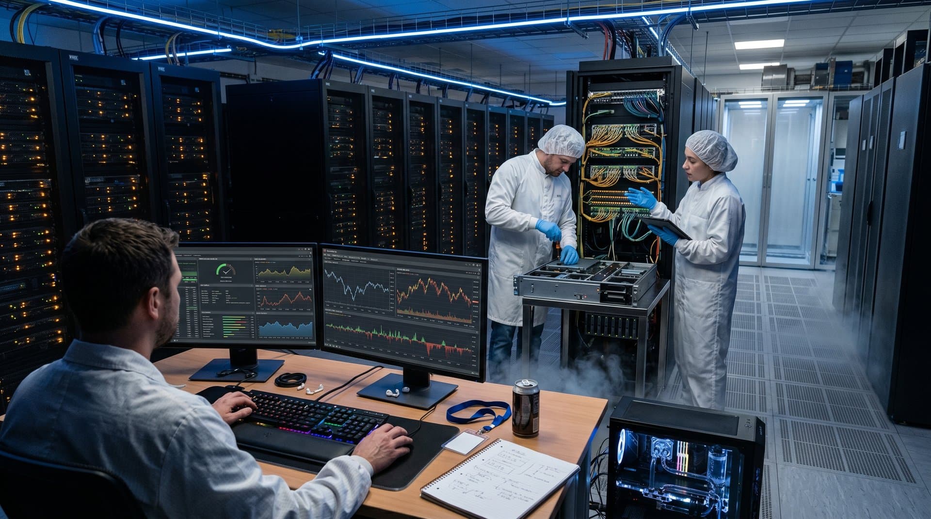 Technicians manage high-density GPU and EPYC server racks in modern Tier IV data center with blue lighting and advanced cooling