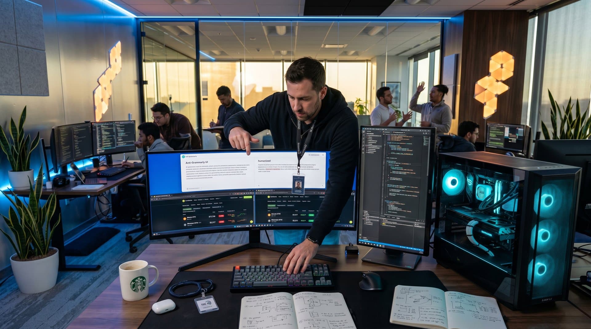 PC desk with Ryzen tower, ultrawide monitor showing Anti-Grammarly tool and BTC chart, mechanical keyboard, emphasizing hardware privacy workflows