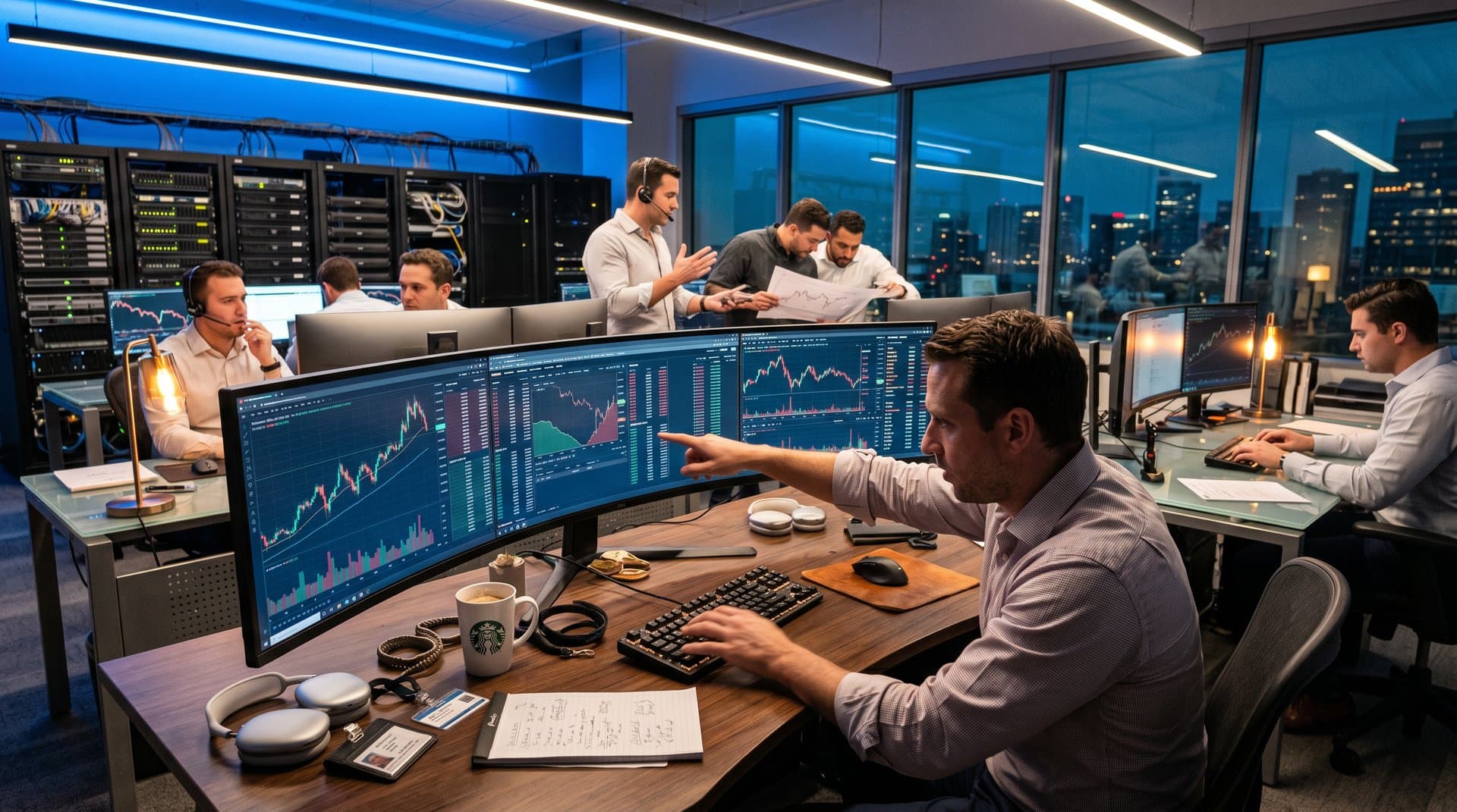 IT engineer at trading desk with mechanical keyboard, crypto charts on ultrawide monitors, server gear in finance office