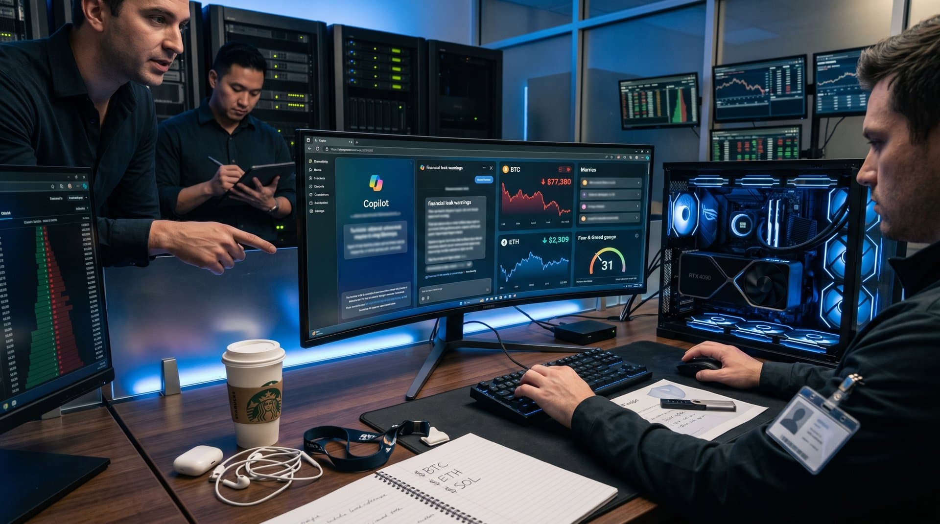 Secure PC setup with RTX 4090 GPUs, Copilot warnings, crypto charts at BTC $77k, and hardware wallet protecting financial secrets from AI leaks