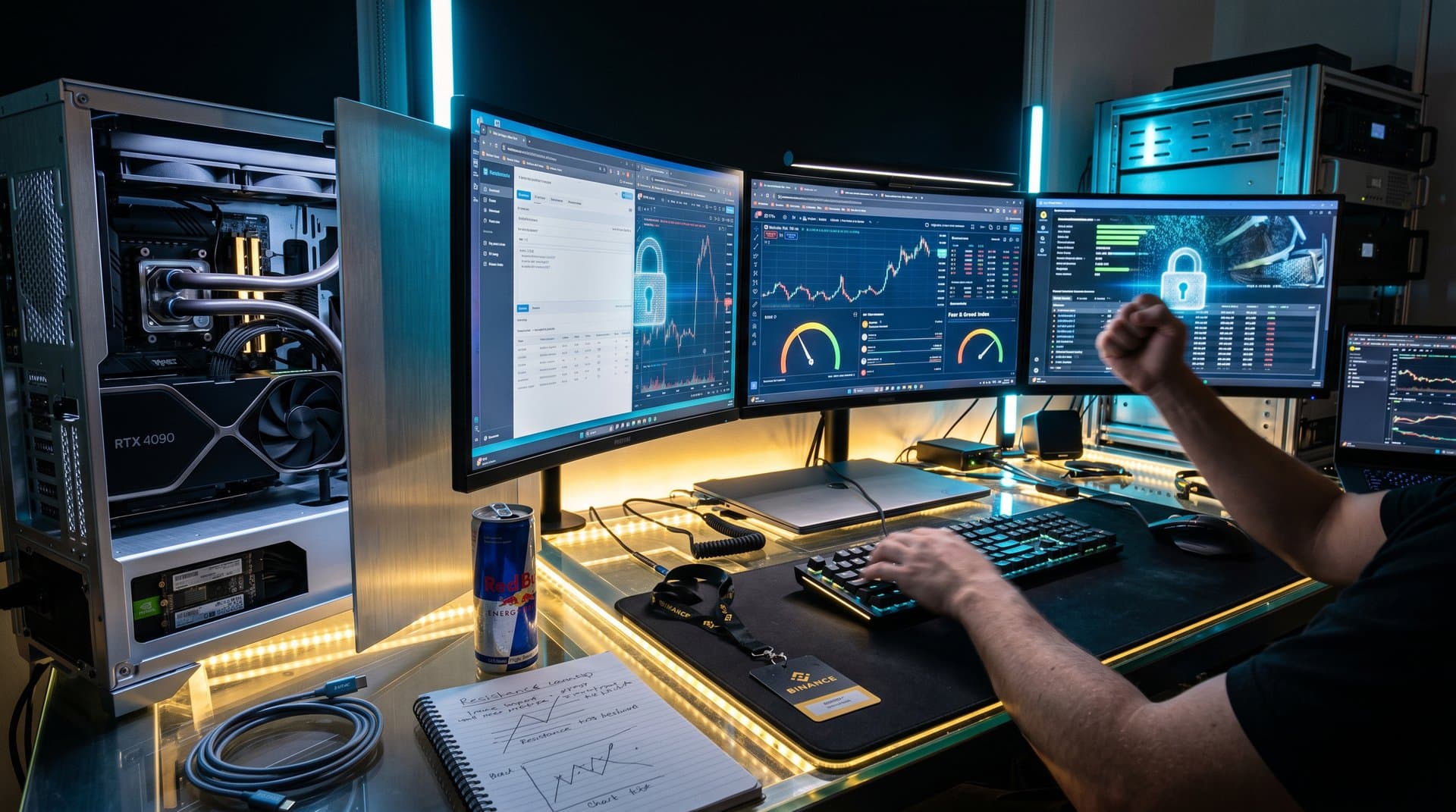 PC rig with RTX 4090 displaying Copilot, crypto charts, and local LLM privacy benchmarks