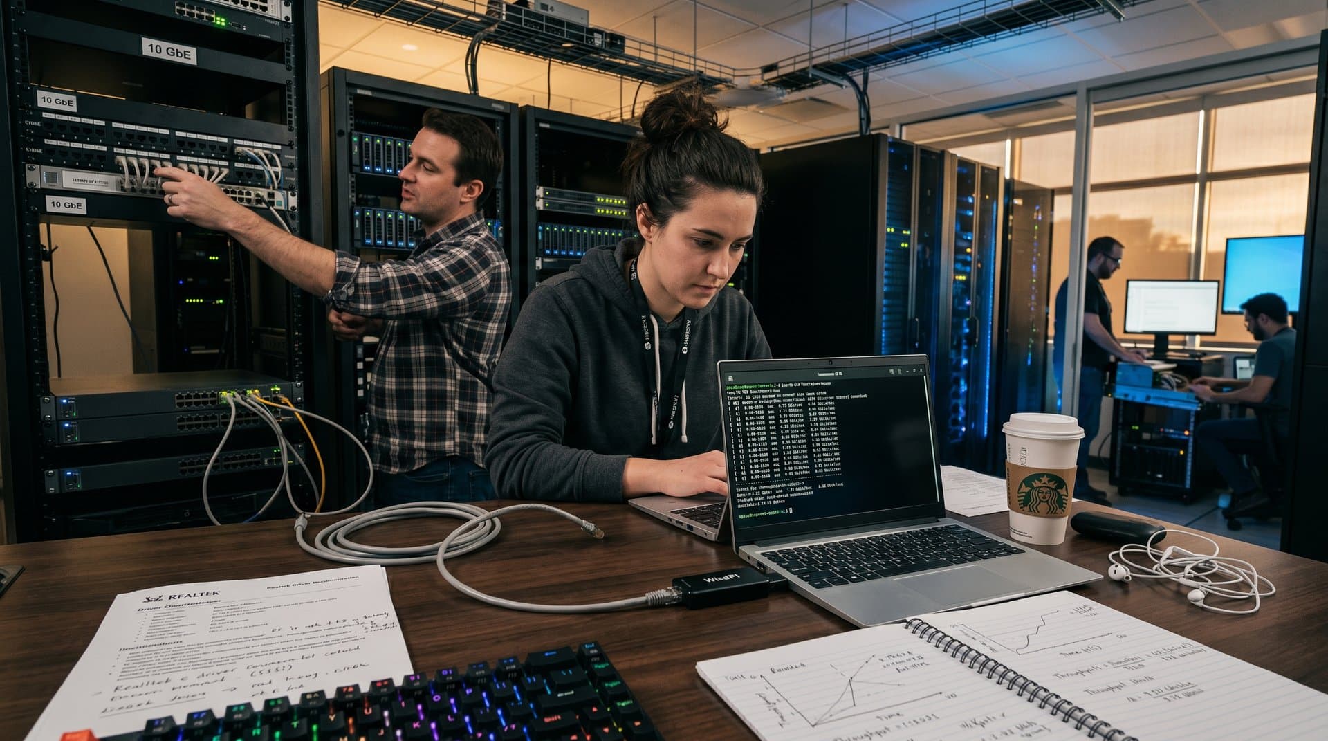 WisdPi 10 GbE USB adapter connected to Framework laptop displaying 9.5 Gbps iperf3 tests in data center setting