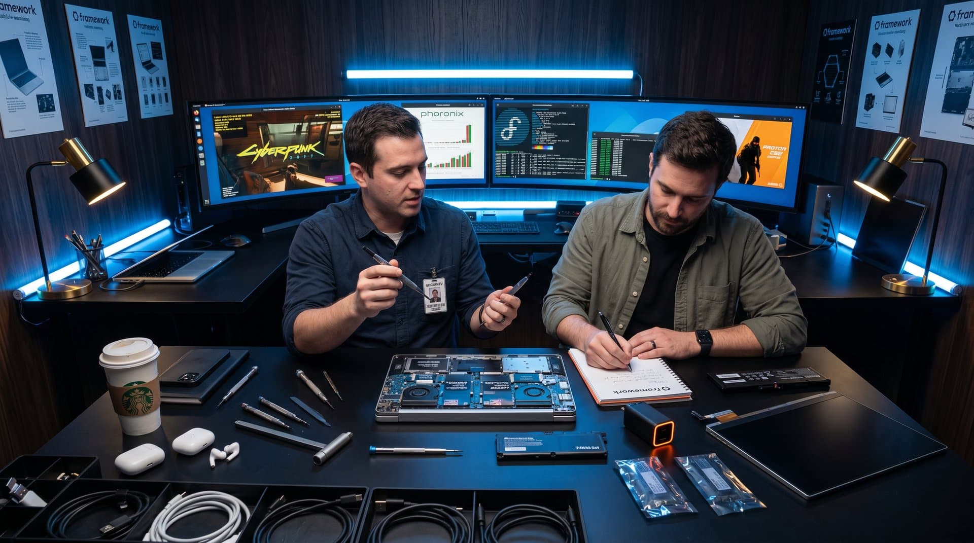 Framework Laptop 13 Pro on workbench with modular components and Linux benchmark monitors