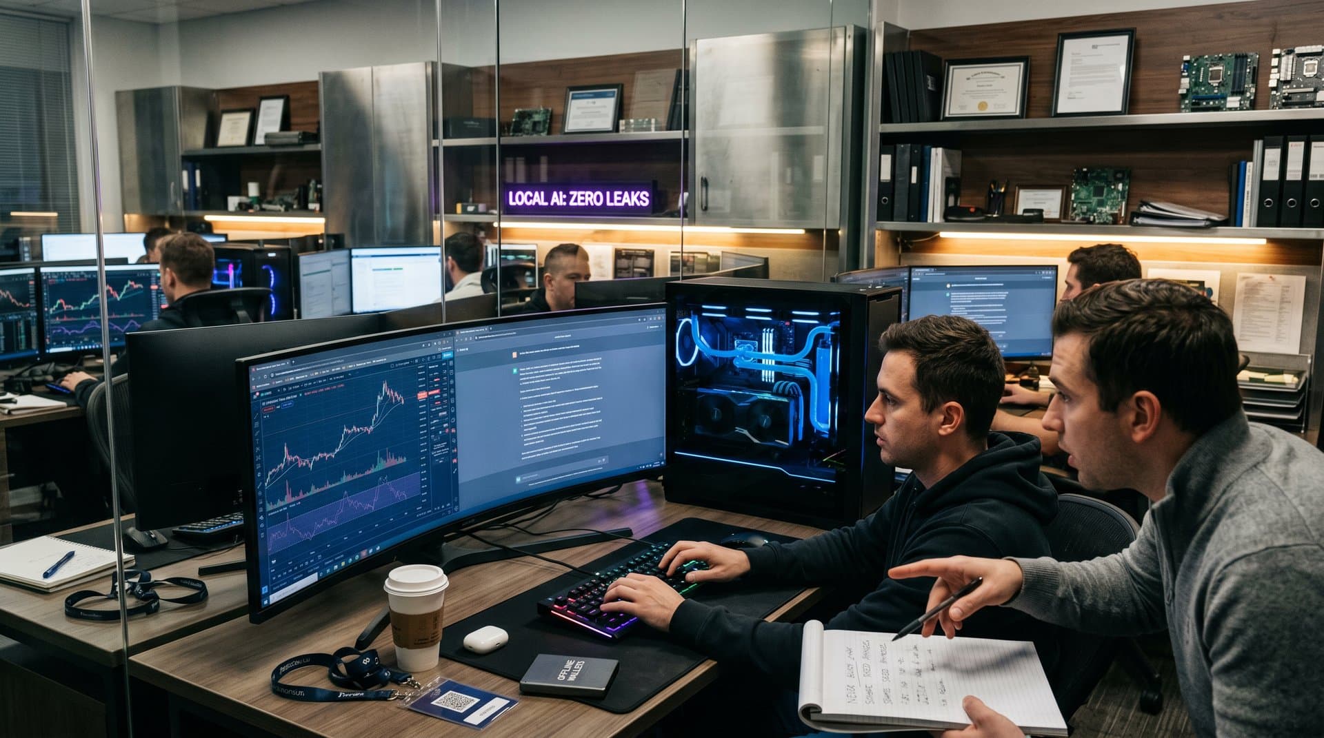 Secure PC desk with Ryzen tower, BTC $77K chart, and Ollama AI chat for financial privacy