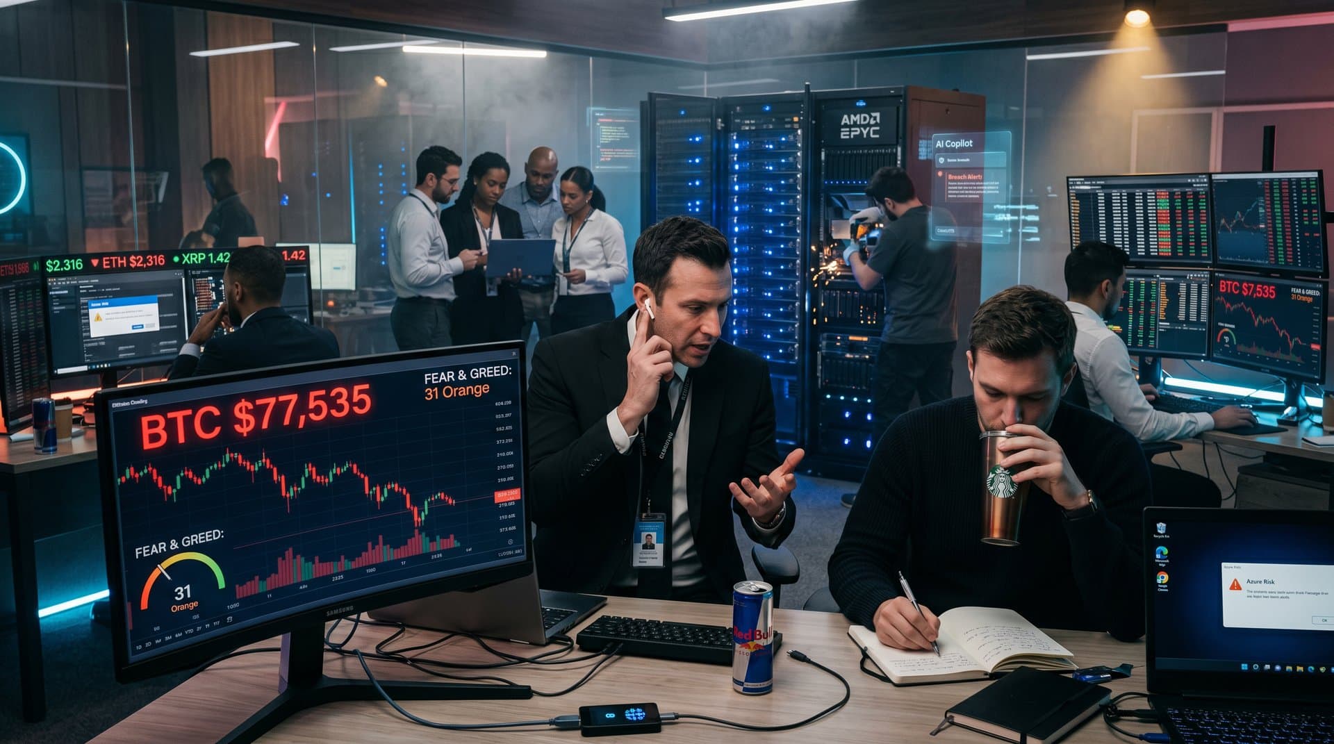 PC trading setup with RTX GPUs, monitors showing BTC $77K charts, hardware wallets, and crypto feeds amid LED-lit office