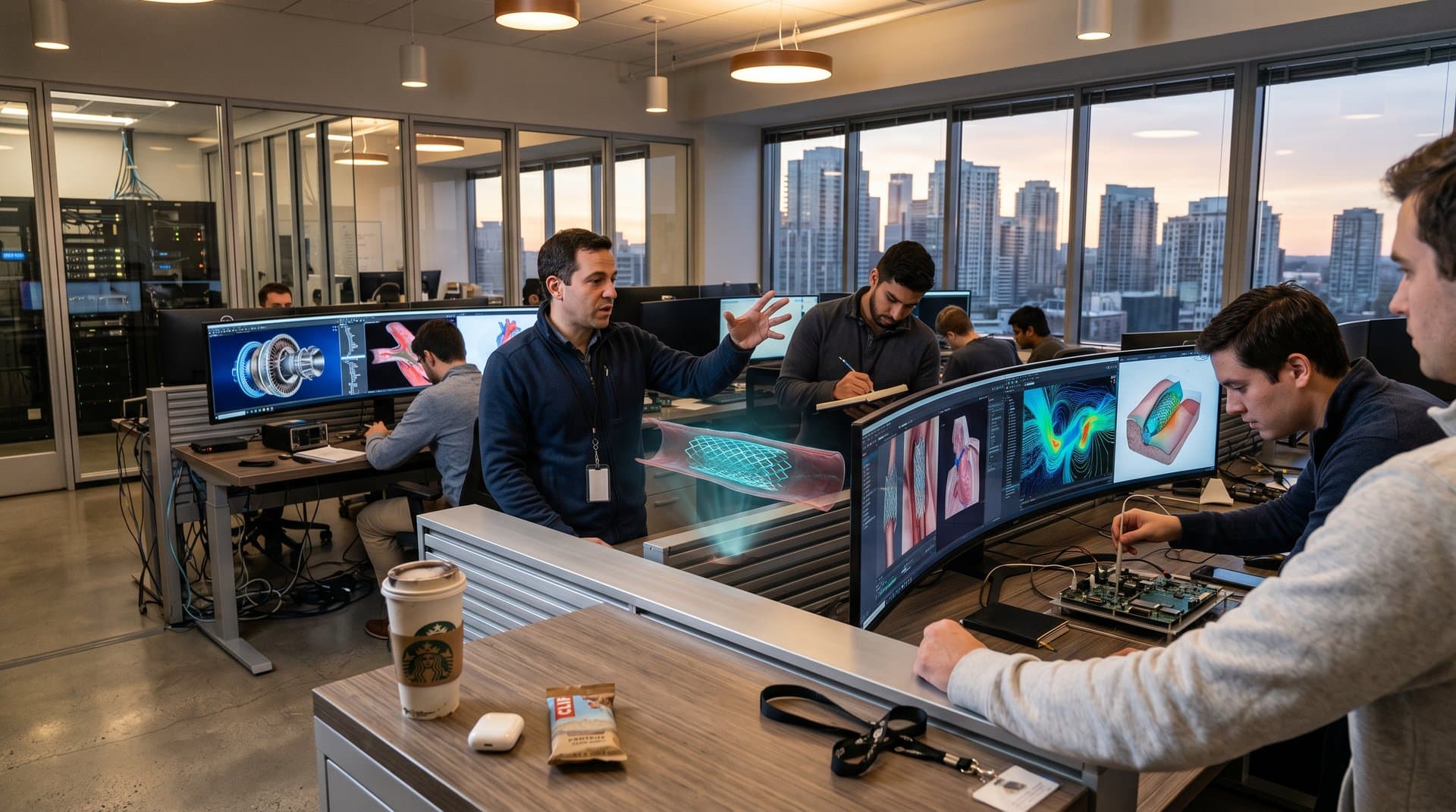 Multi-monitor PC workstations in modern lab displaying AI simulations of aerospace turbines and medtech implants amid high-tech setup