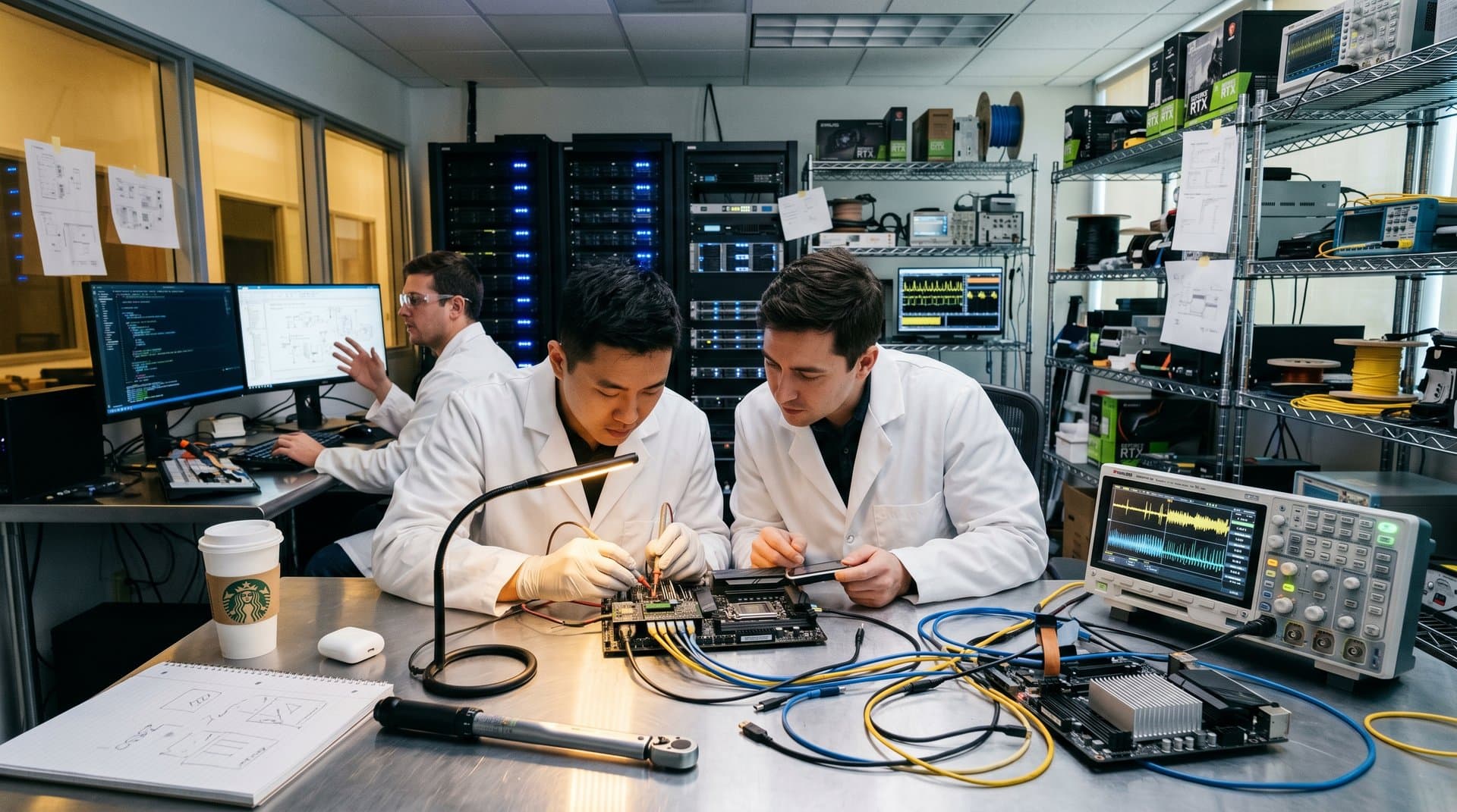 USB-C cables and connectors tested on prototype PC motherboards with oscilloscopes in lab