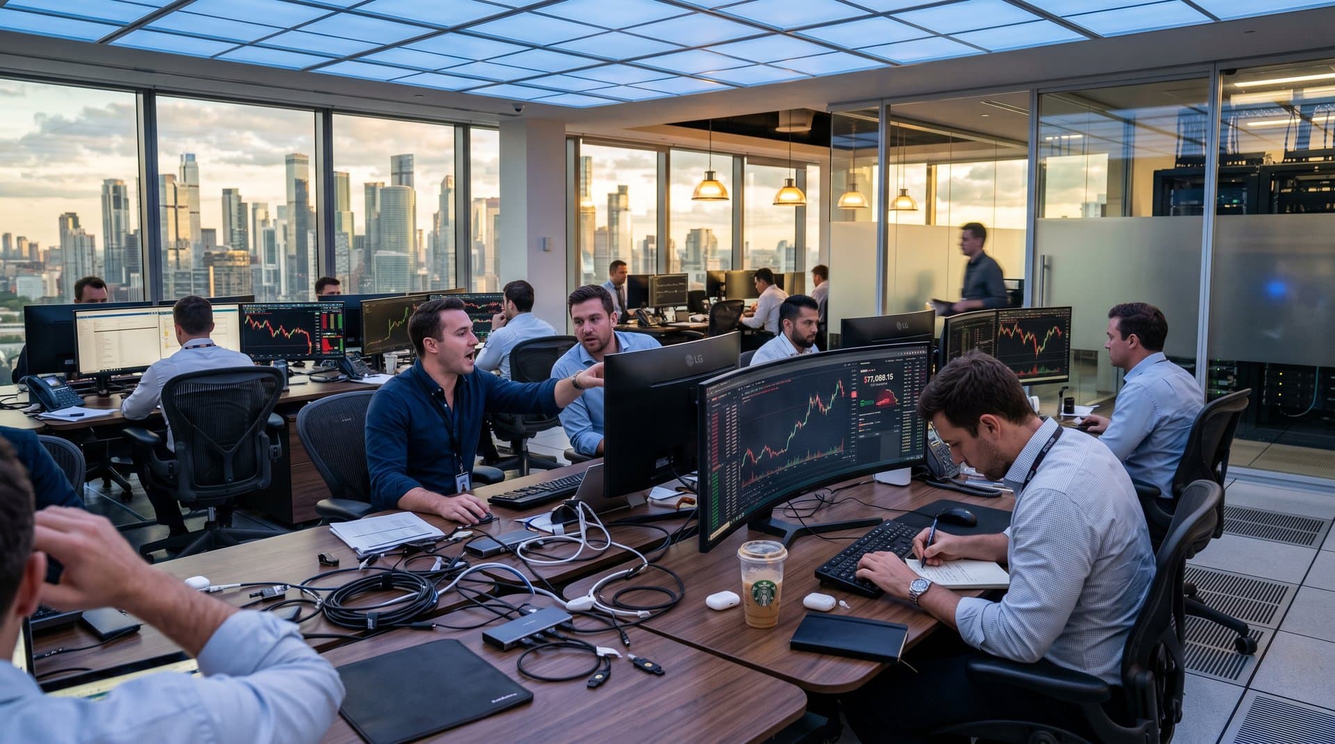 Trading floor monitors display crypto prices and Fear & Greed Index amid modern desks with keyboards and security devices