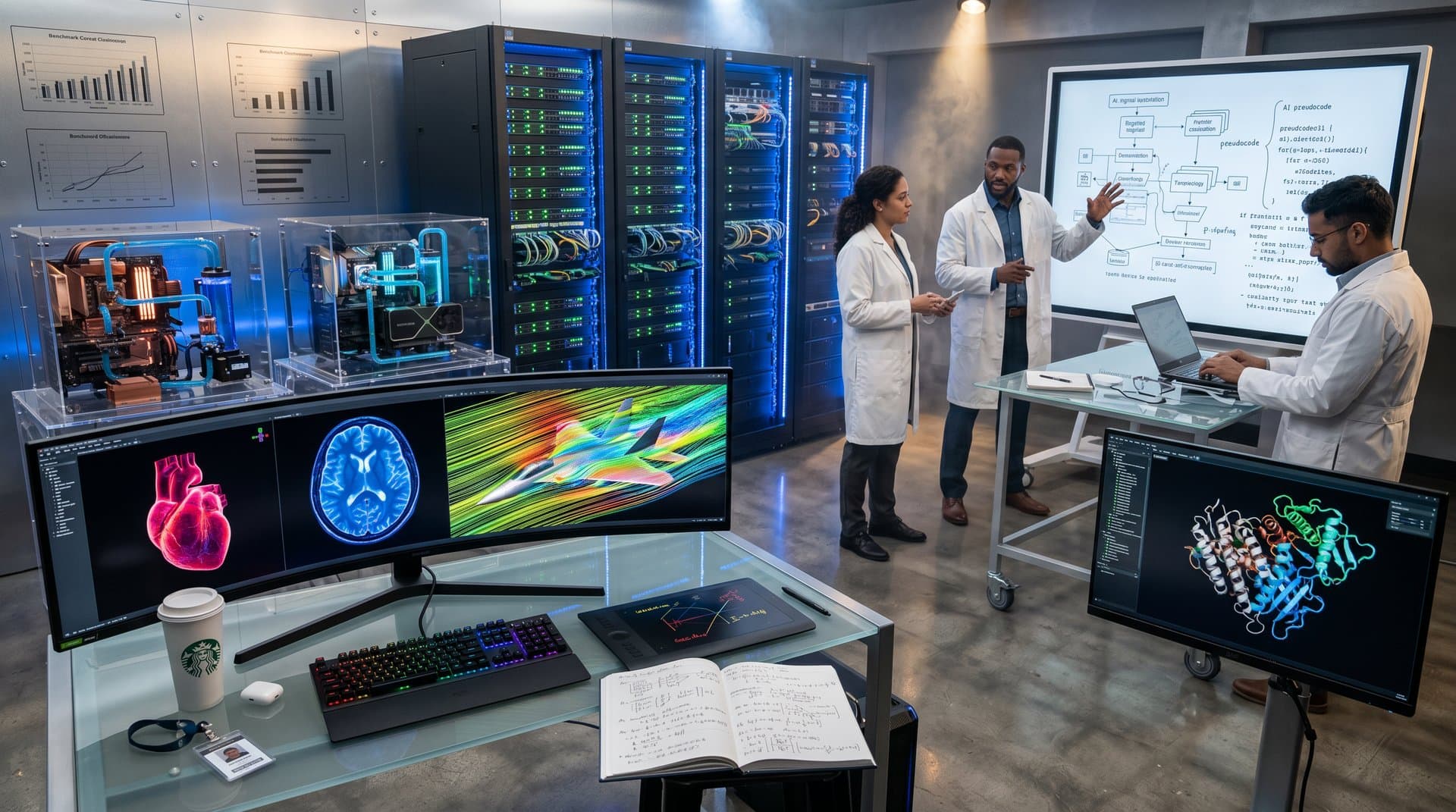 Engineers analyze AI-driven medtech and aerospace simulations on high-performance PC GPU workstations in a modern LED-lit lab environment