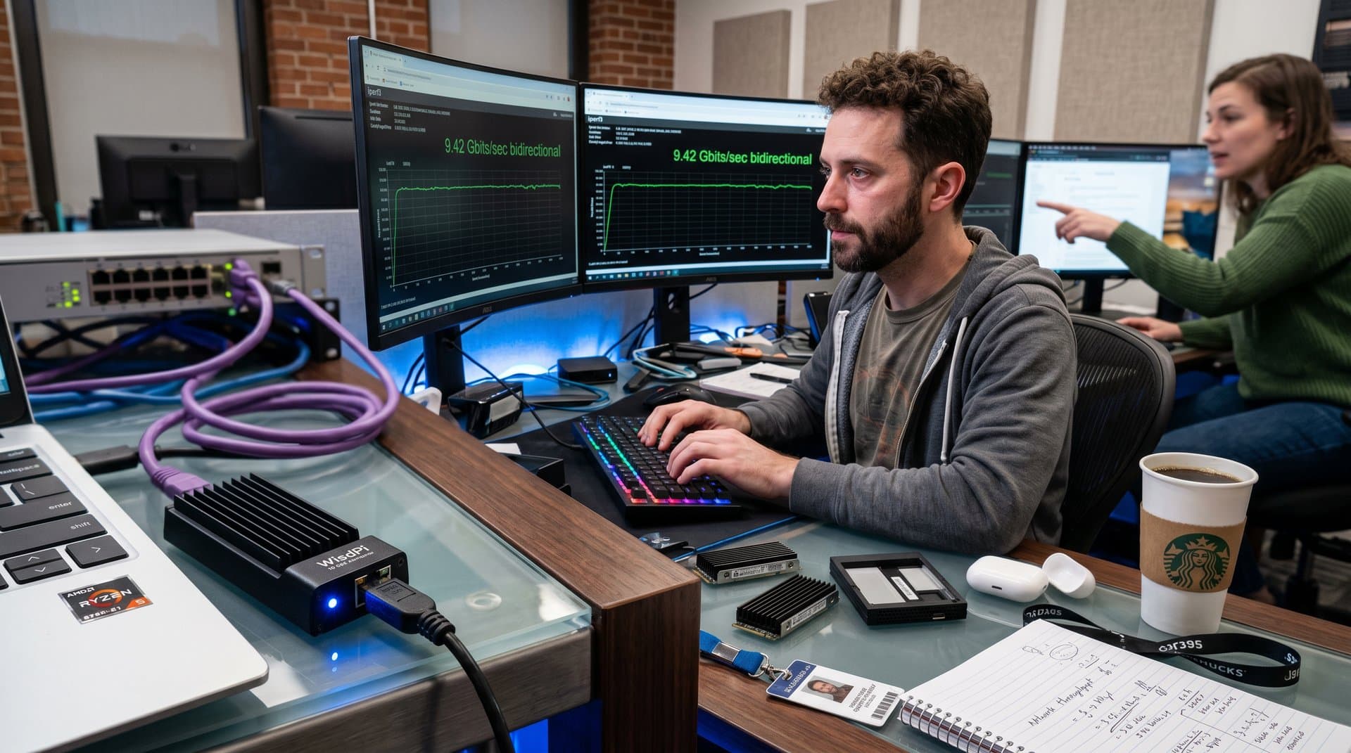 10 GbE USB adapter on Framework Laptop 13 with iperf3 benchmarks at 9.4 Gbps