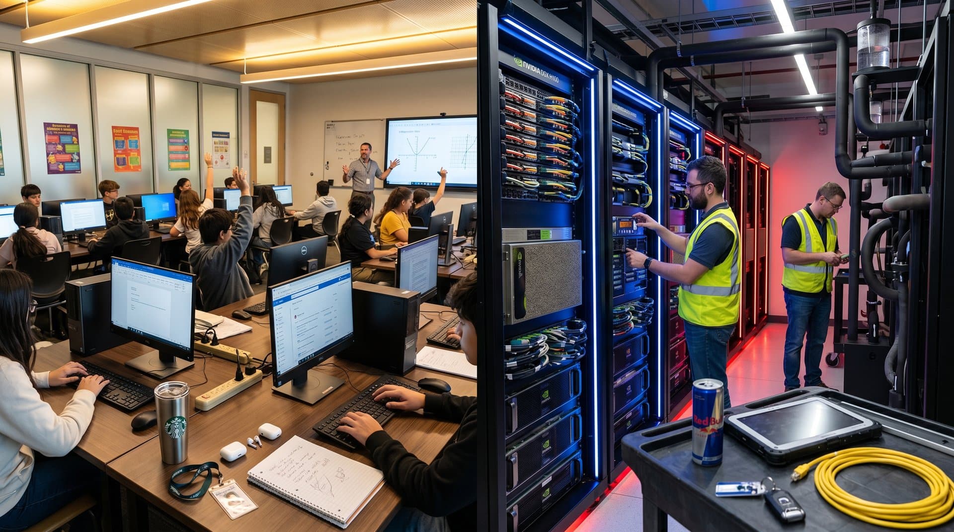 Split scene contrasting school classroom desktops with NVIDIA H100 GPU data center racks