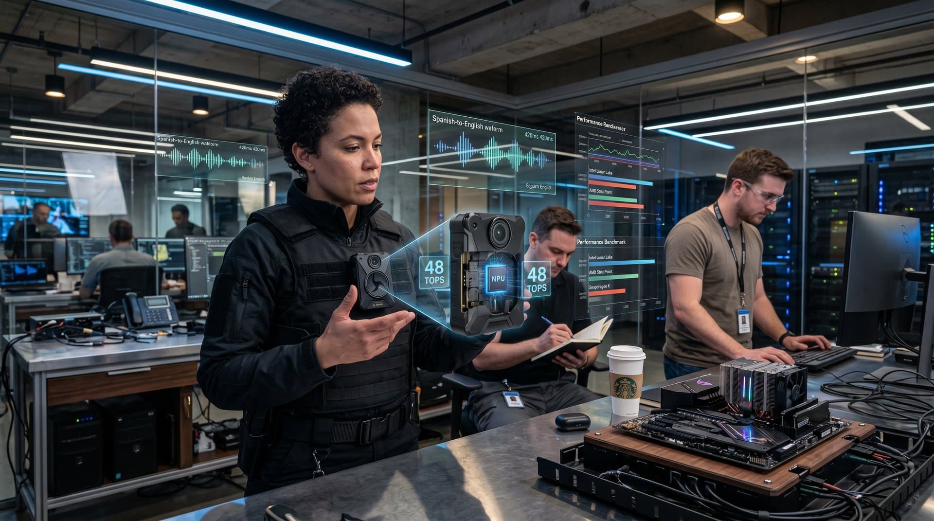 Body cam with exposed 48 TOPS NPU chip and holographic edge AI translation benchmarks beside PC hardware