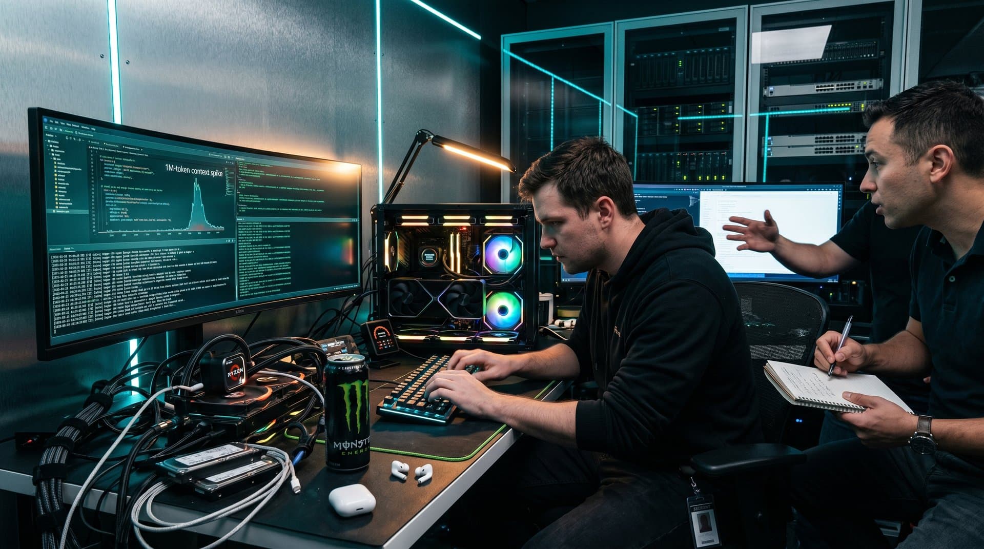 PC workstation with RTX 5090 GPU running DeepSeek-V4 benchmarks on dual monitors amid RGB lighting and hardware components