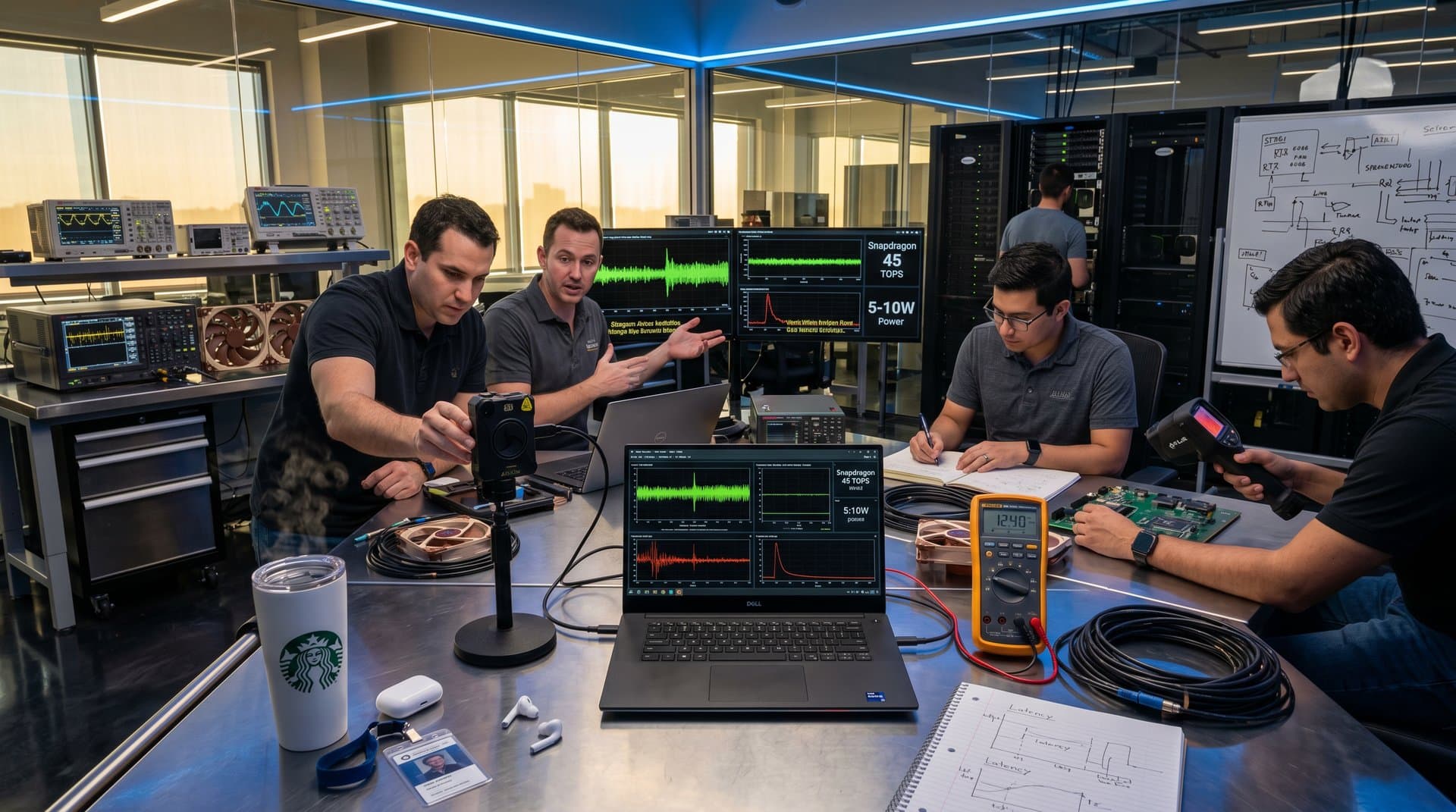 PC lab test bench with edge AI body cams, laptops showing translation benchmarks, and hardware tools
