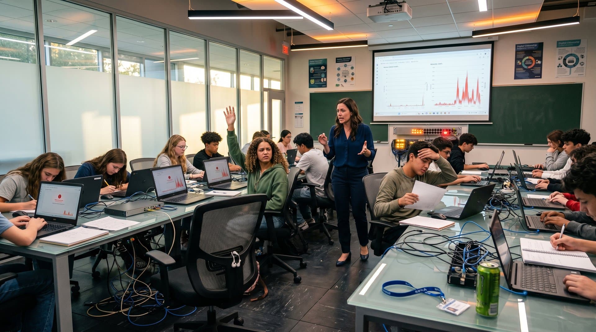 Overloaded school computer lab with lagging AI tools on Chromebooks, stressed IT fixing networks amid spiking usage graphs