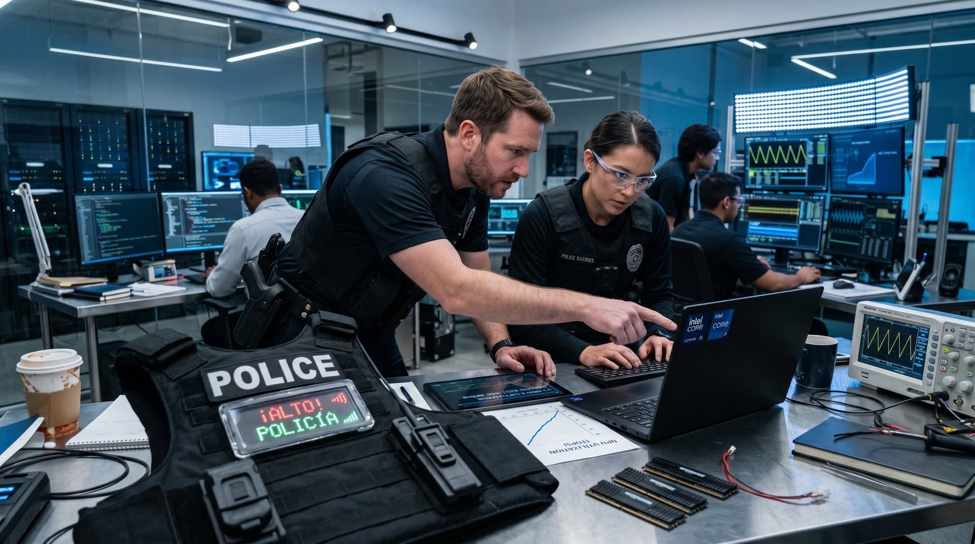 Body cam AI translation overlay beside Intel Core Ultra 200V laptop with NPU benchmarks in high-tech lab