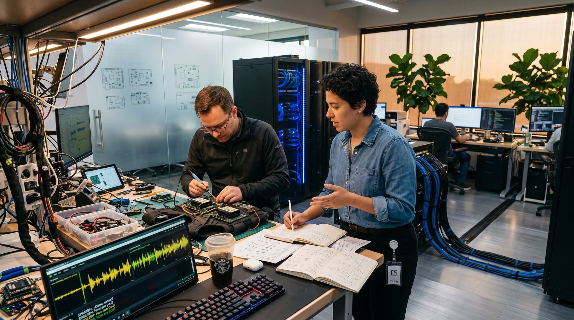 AI lab workbench with body cam prototype, Jetson modules, dev boards, monitors showing translation waveforms amid server racks