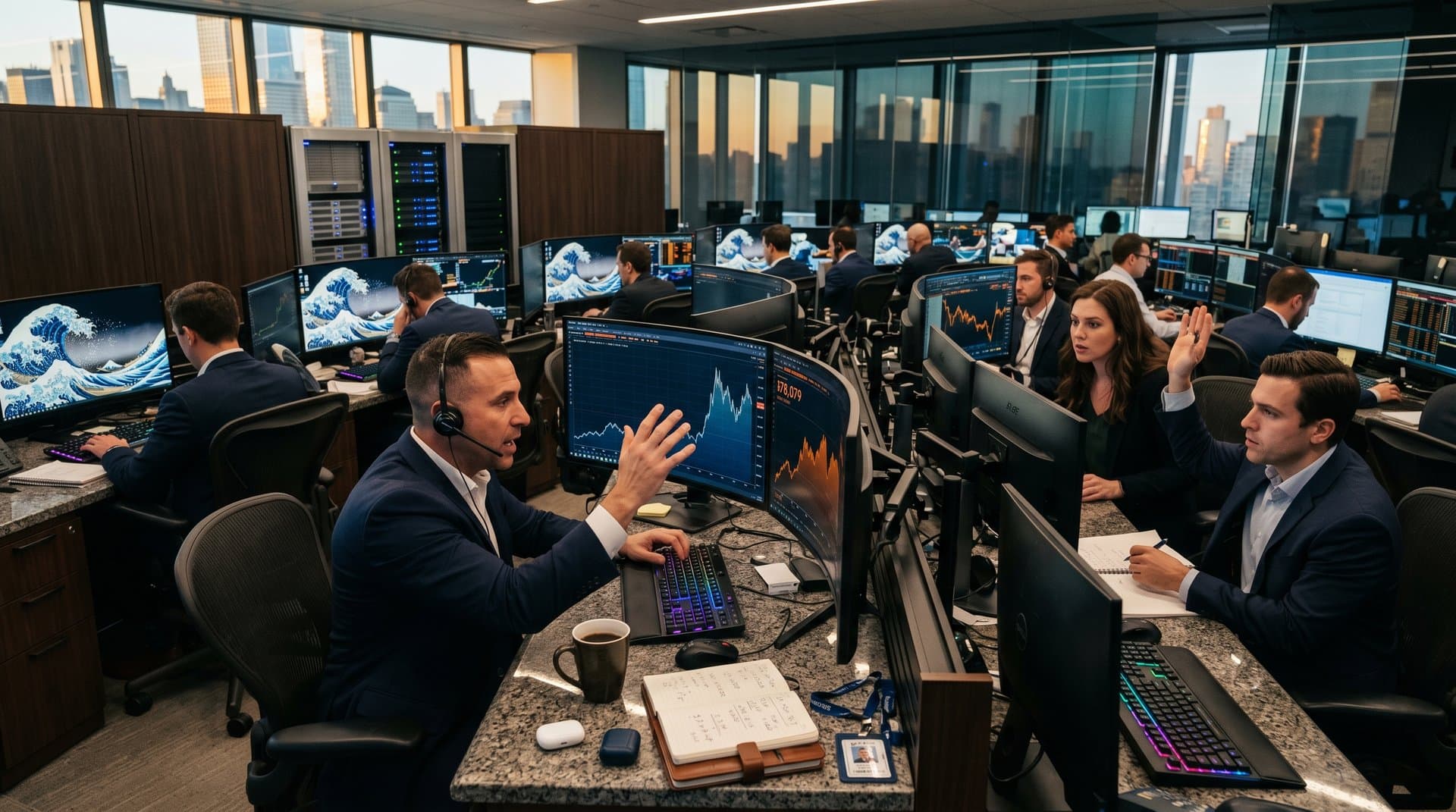 Trading desks with monitors showing tessellated Hokusai-style crypto wave charts and Bloomberg terminals