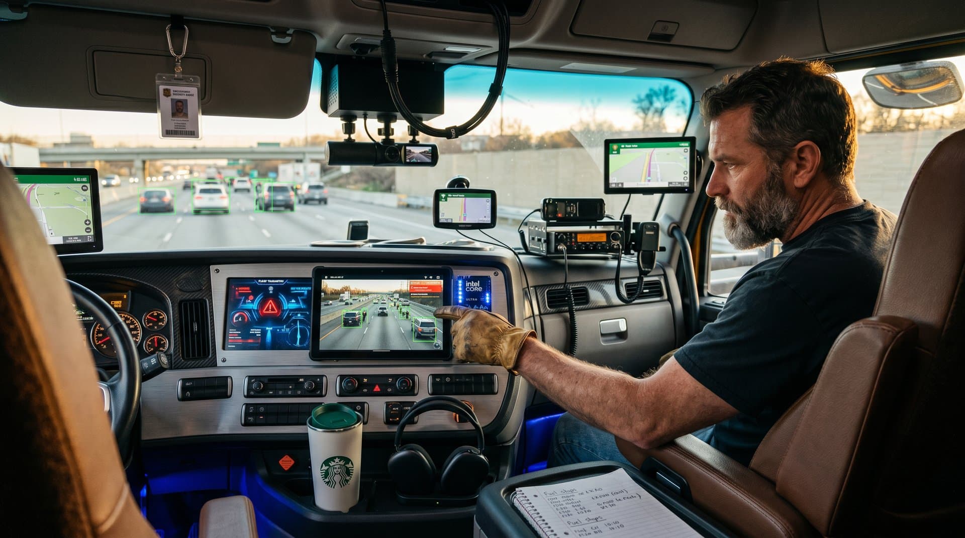 Rugged PC in truck cab displays Nexar AI dashcam analytics with hazard detection overlays amid fleet hardware glow