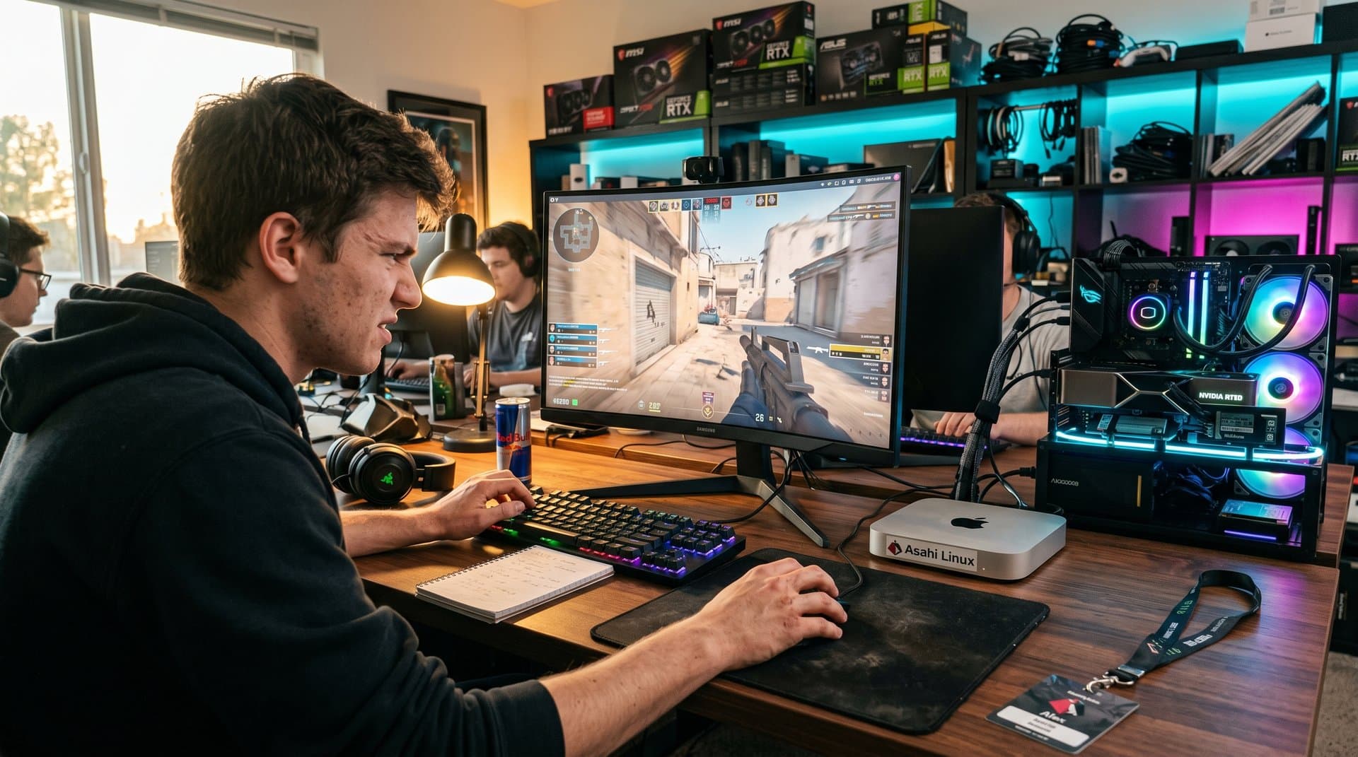 Gaming setup with Apple Mac Mini on Asahi Linux running Vulkan games on ultrawide monitor connected to Thunderbolt eGPU dock