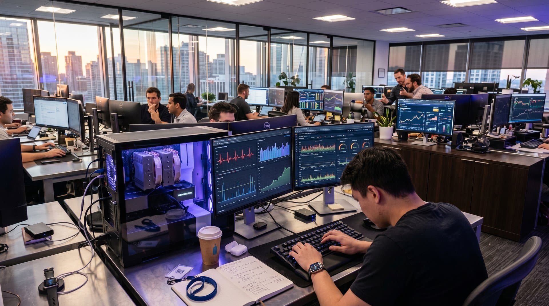 PC workstation with monitors showing wearable health data graphs, RTX GPU, and fitness trackers on desk
