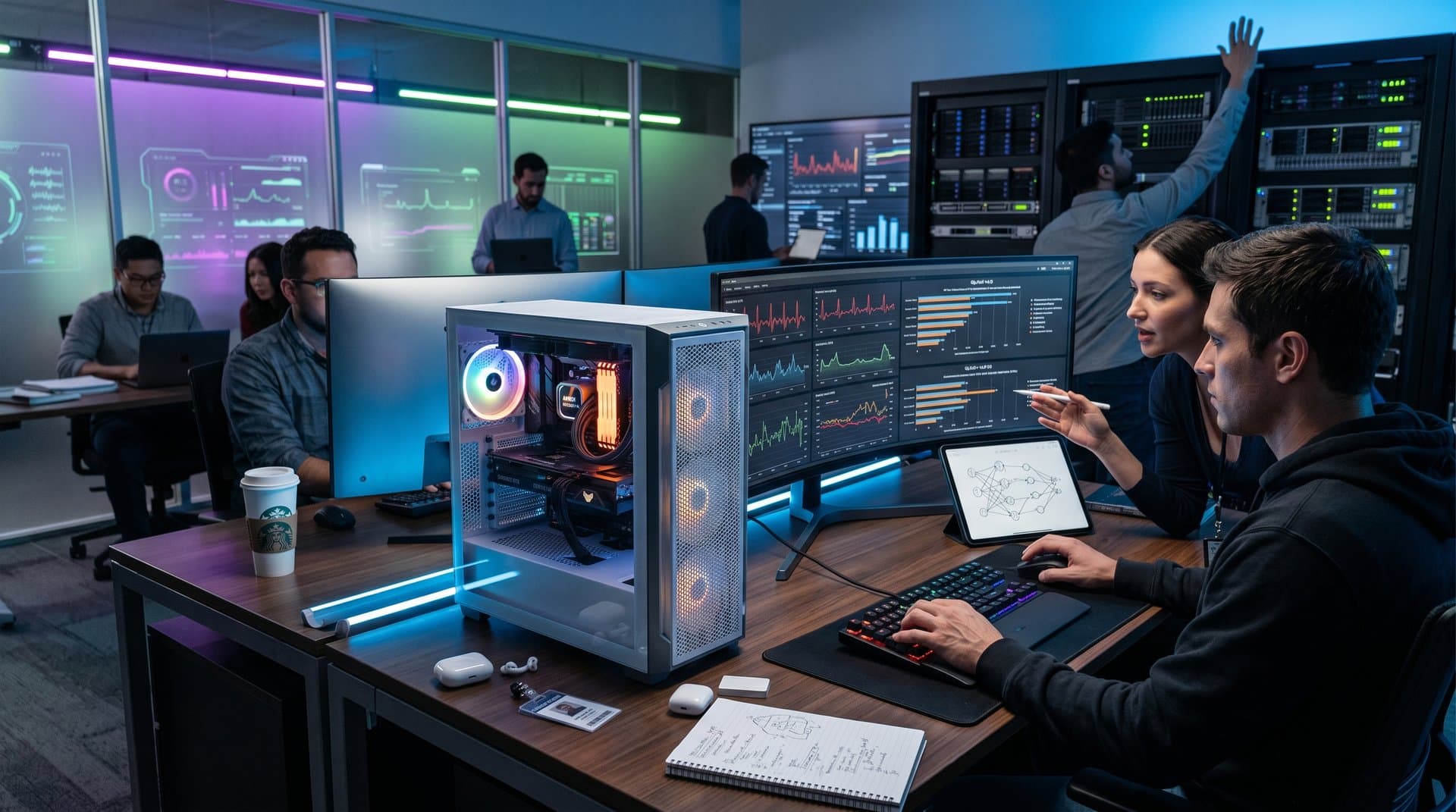 PC workstation displaying Terra API health AI data, 50 TOPS NPU graphs, and edge computing visuals in tech office