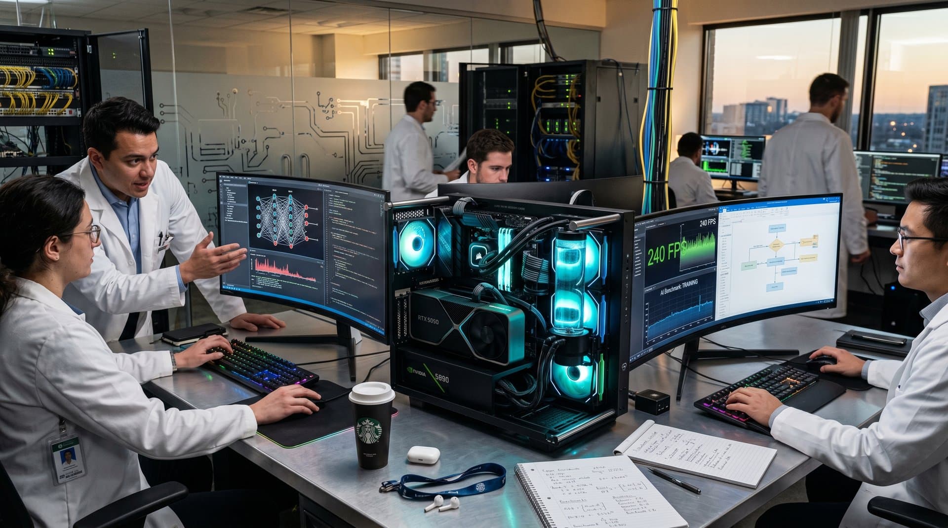 Tech lab with gaming PCs, multi-monitors running AI models and benchmarks amid modern hardware setups