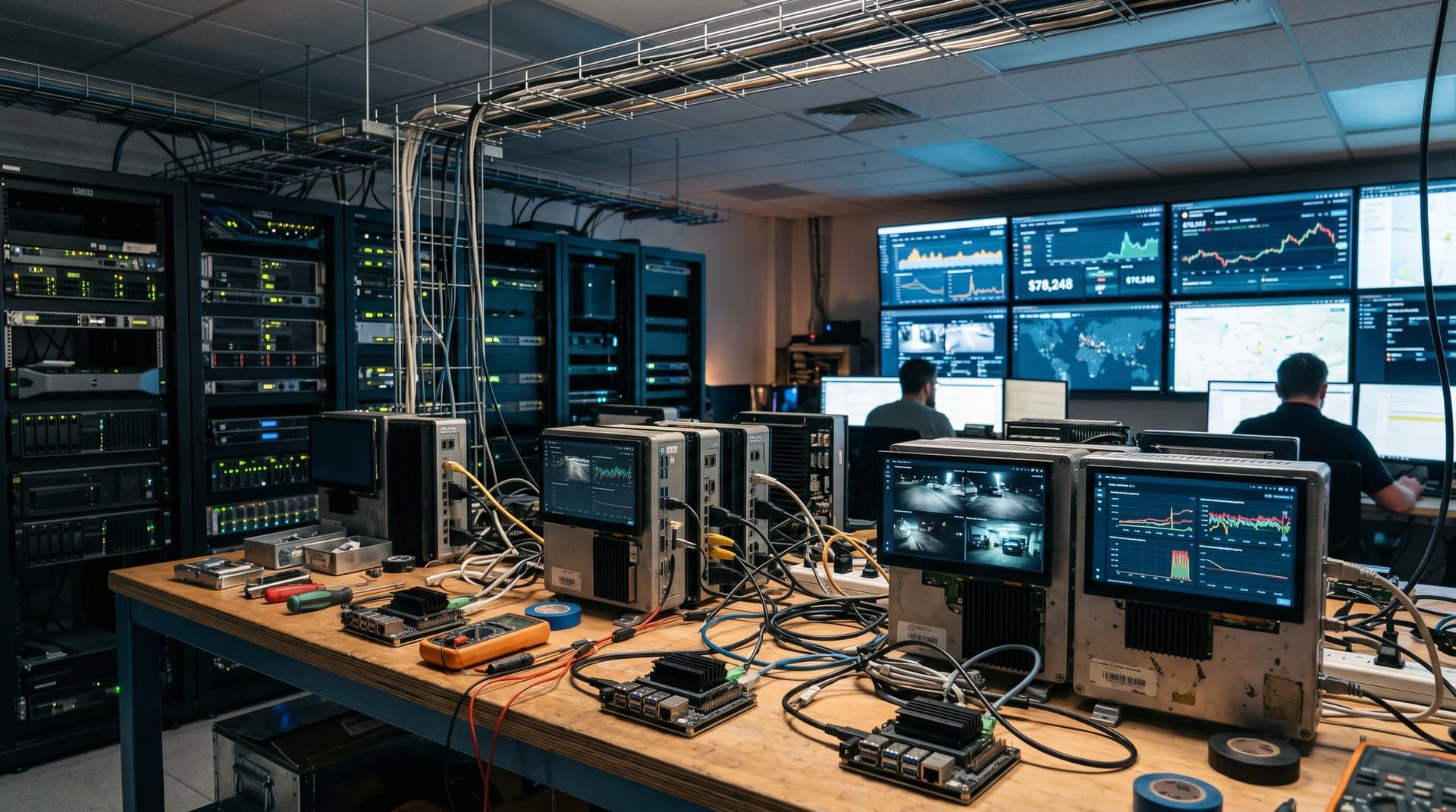 Edge PCs and NVIDIA Jetson modules on workbench with dashcam AI feeds in fleet tech center
