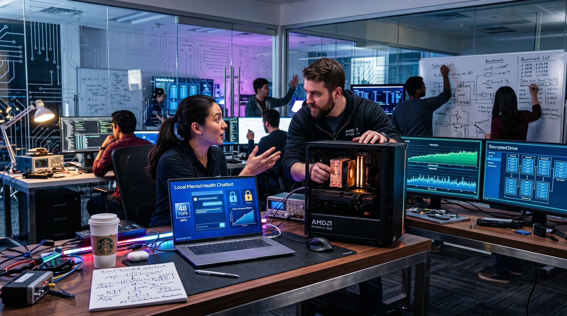 NPU-powered PC setup running local AI mental health safeguards, 48 TOPS benchmarks on screens, privacy shields, modern tech office