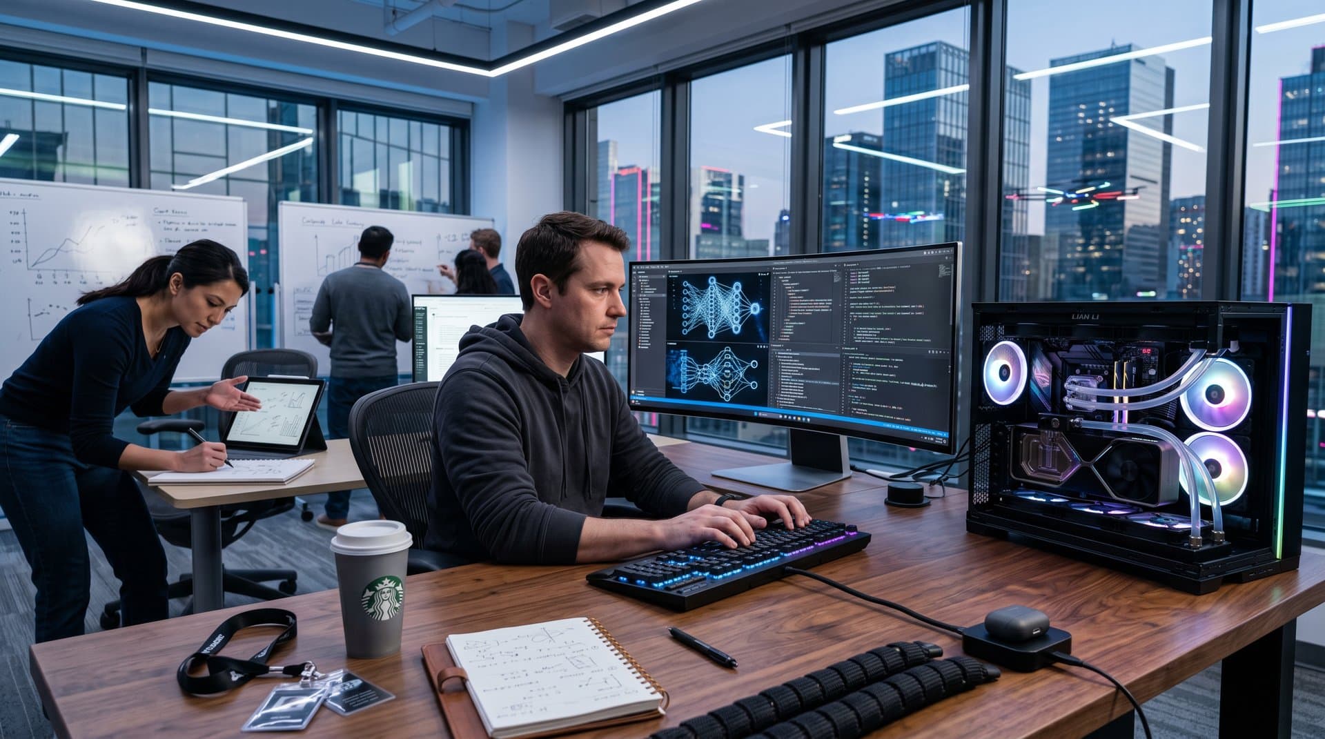 High-tech PC workstation with ultrawide monitor showing AI visuals, mechanical keyboard, and RTX GPU in open case under lab lighting
