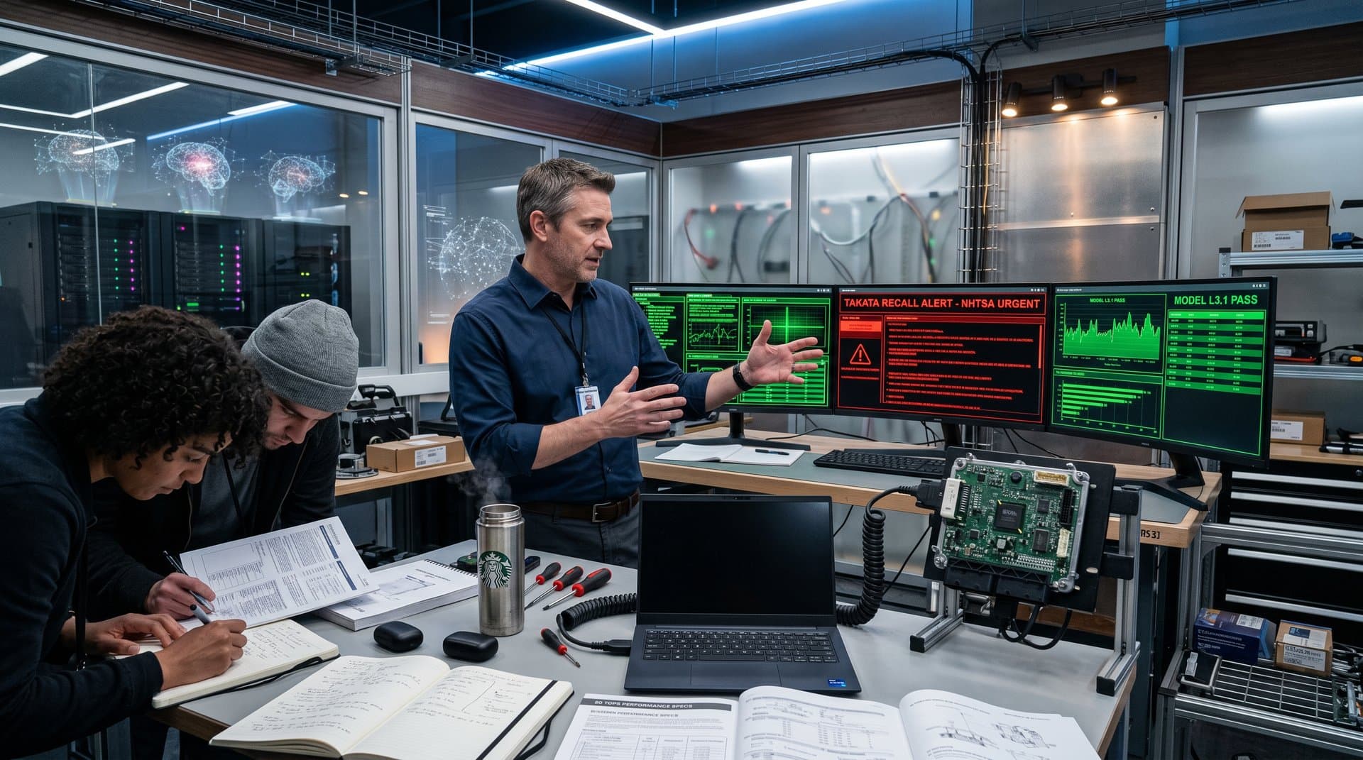 PC workstation displays AI car diagnostic errors with OBD hardware and NHTSA alerts in modern lab