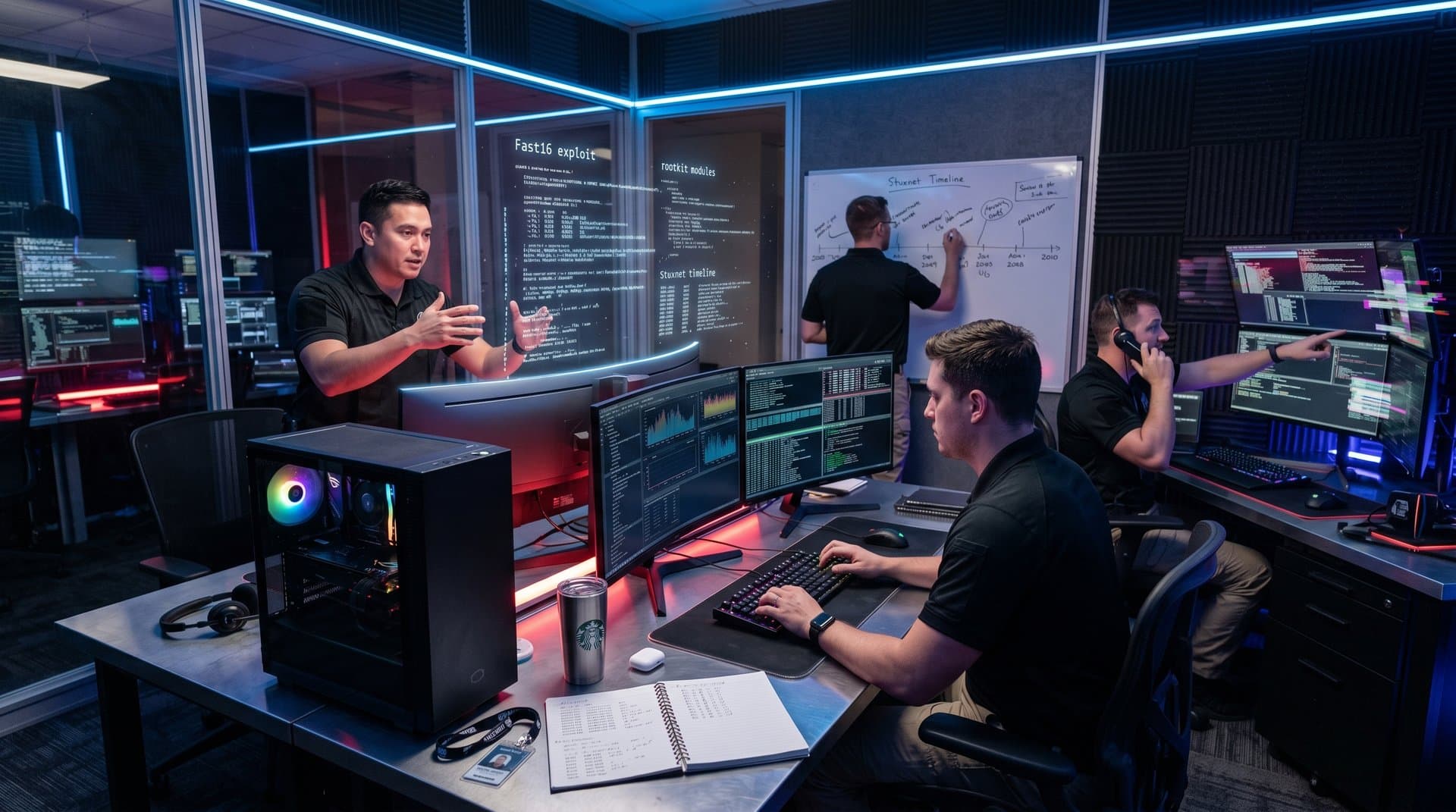 PC screen with Fast16 exploit code and Stuxnet parallels in cyber ops room