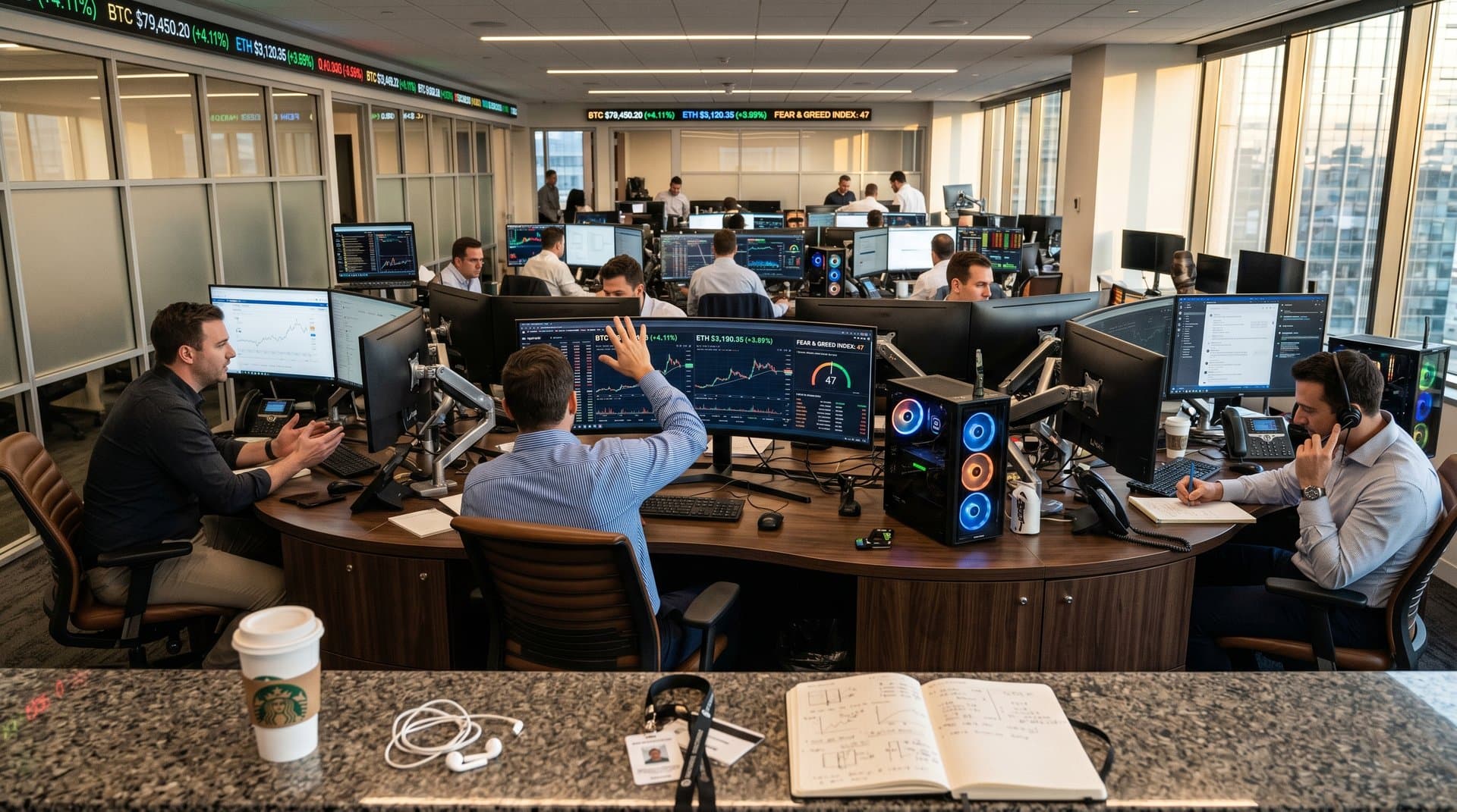Fintech trading floor with GPU workstations, multi-monitors showing crypto charts, AI interfaces, and hardware components