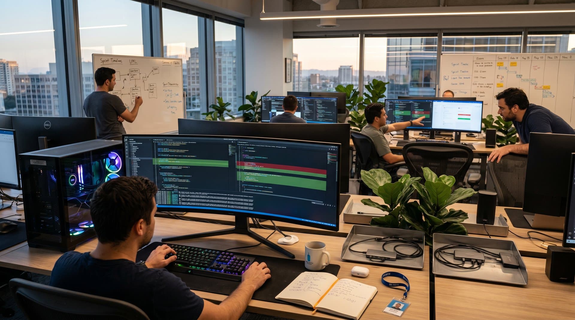 Developer workspace with ultrawide monitors showing self-updating screenshot debuggers, UI diffs, and real-time overlays in a modern tech office