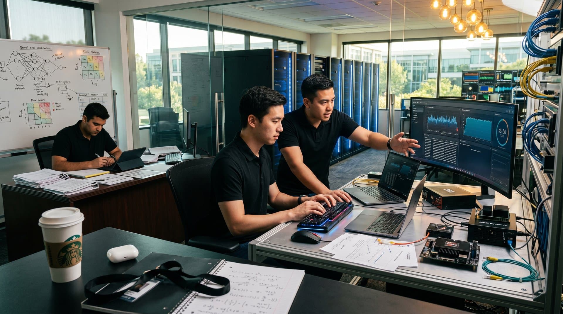 Copilot+ PC laptop on test bench showing 45+ TOPS NPU graphs amid AI lab dev kits and monitors (72 chars)