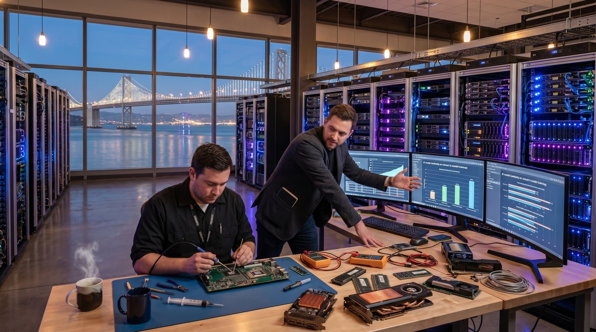 AI data center with GPU racks, MLPerf charts on monitors, Bay Bridge in background