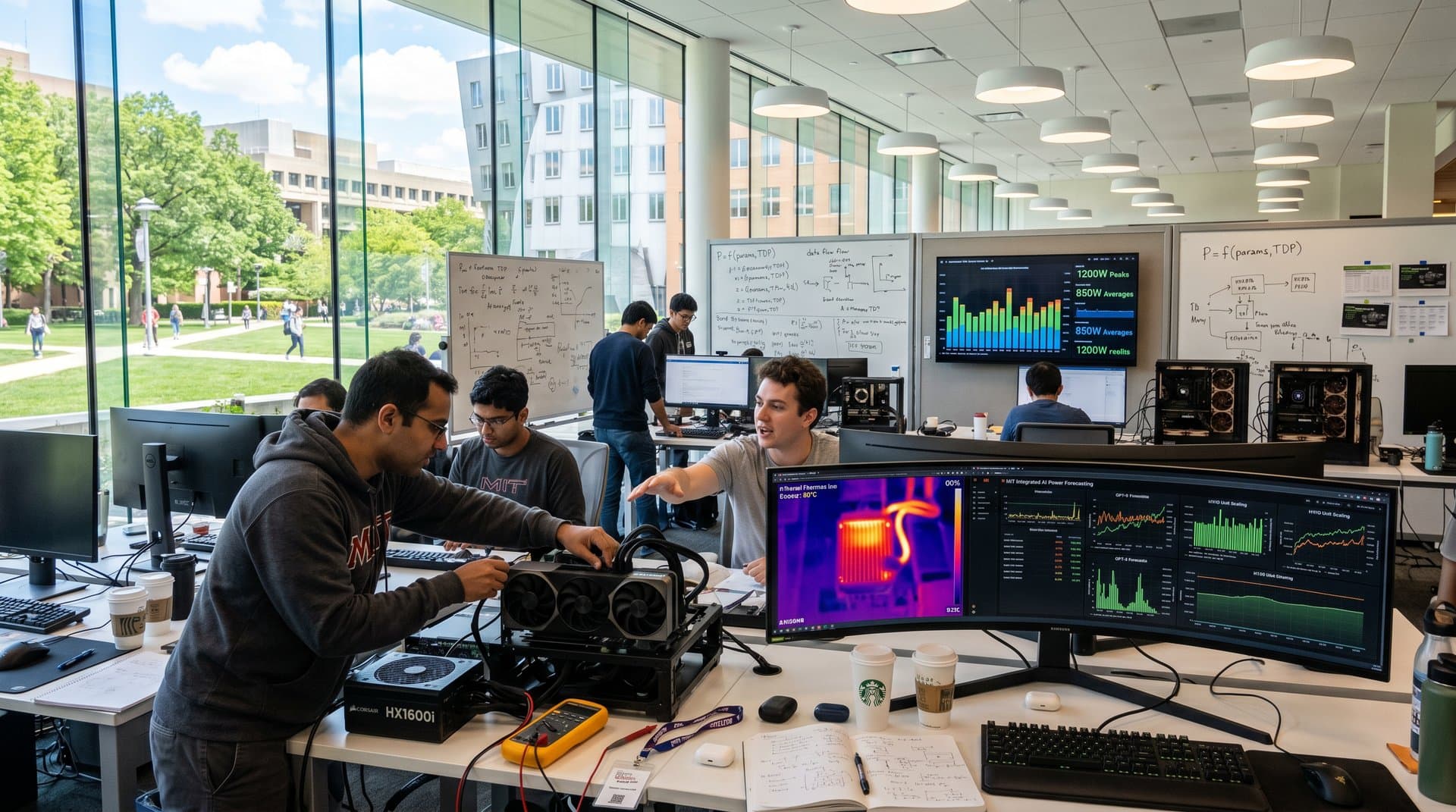 Engineers monitor GPU power graphs on multi-monitor workstations in a sleek AI research lab with server racks and thermal equipment in background