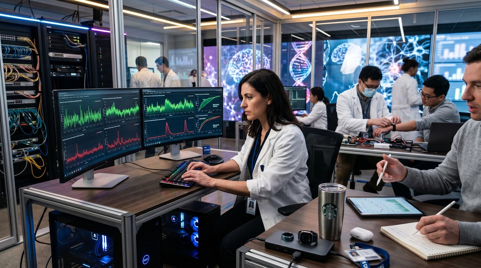 PC workstation with Intel Core Ultra NPU displaying AI IBD flare prediction graphs at 0.85 AUC, wearables synced, modern lab setup (92 chars)