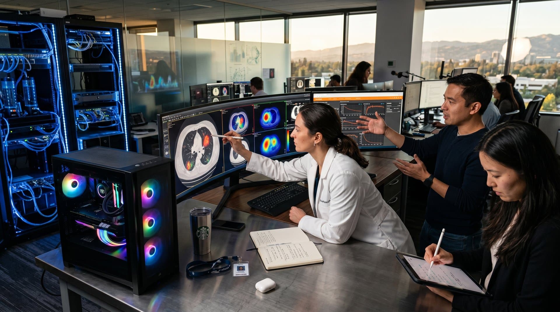 Radiology workstation with RTX 5090 GPU displaying AI lung cancer detection heatmaps in modern lab setting