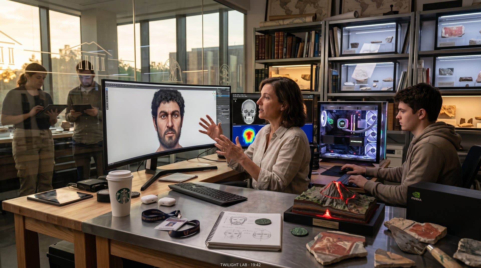 Archaeologist views AI-generated Pompeii victim face on RTX 4090 PC monitor with skull scan and Roman artifacts