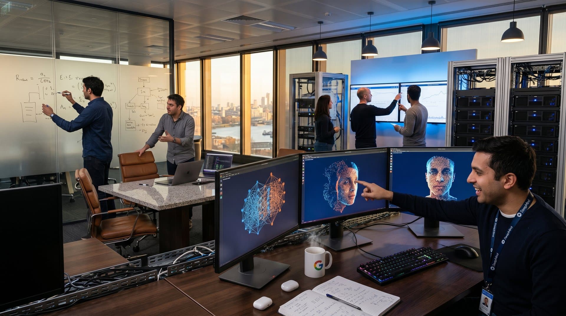 AI engineers at Google DeepMind lab review 3D facial models on GPU workstations amid server racks and collaboration areas