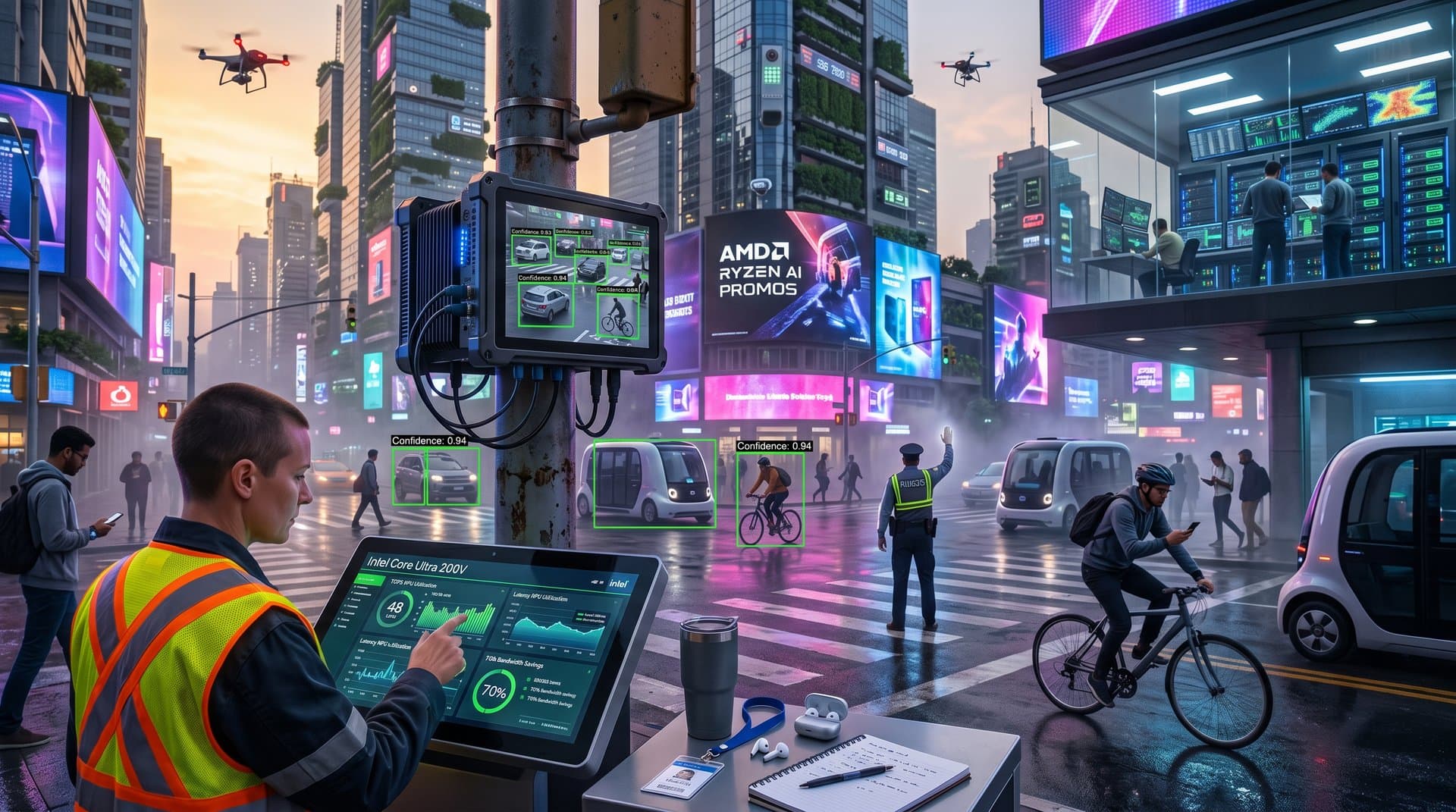 Smart city intersection with edge AI PC enclosure processing traffic feeds and analytics dashboard on kiosk