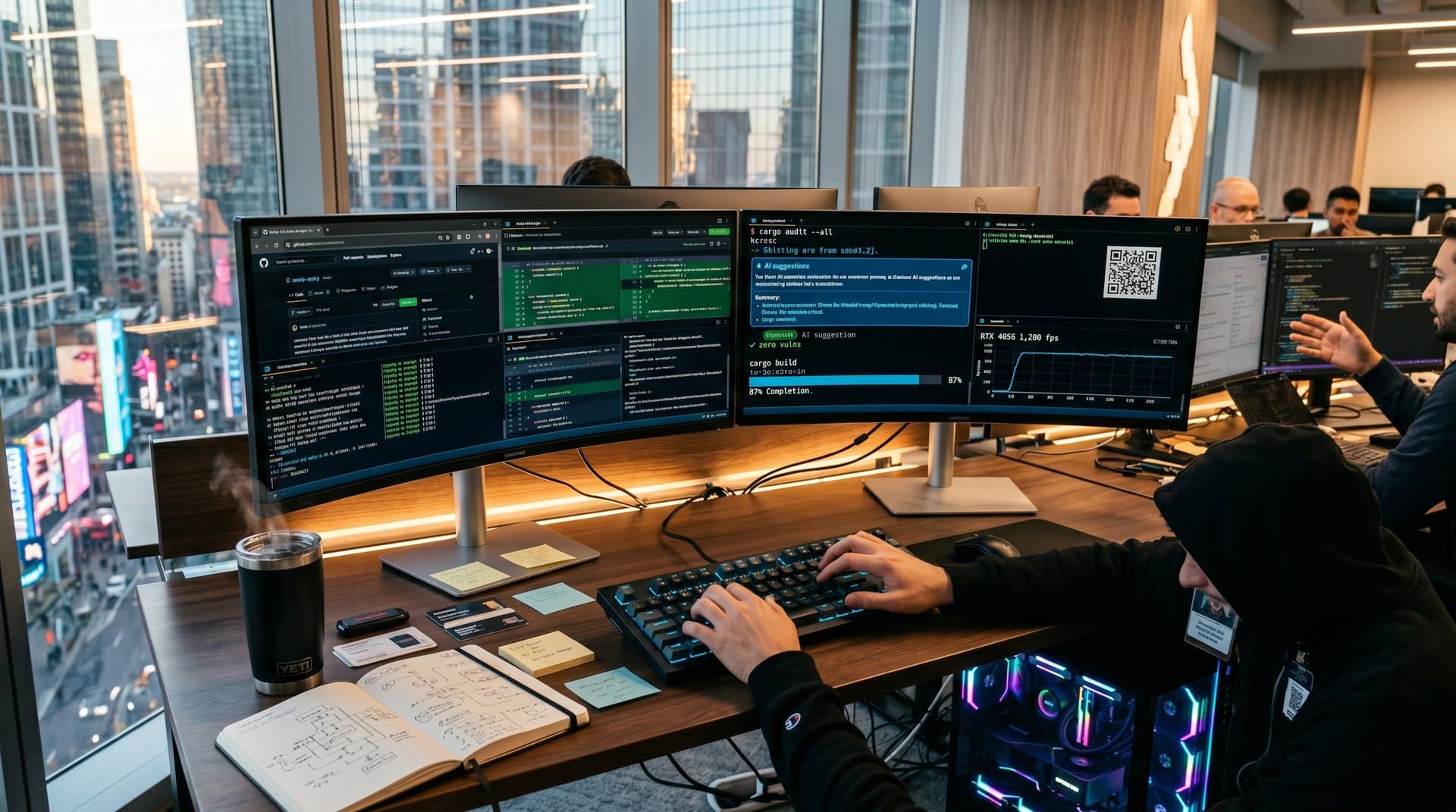 PC workstation with Warp terminal open-source GitHub repo and AI blocks on ultrawide monitors, mechanical keyboard, high-tech dev setup