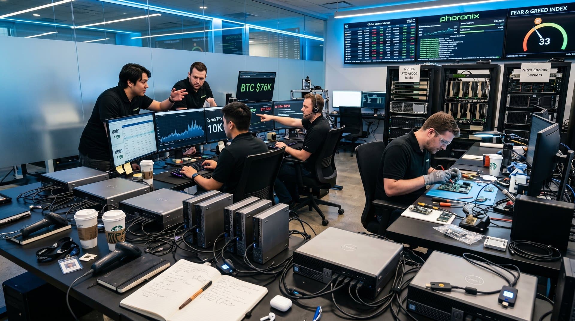 PC lab tests POS terminals with stablecoin dashboards on multi-monitors amid HSMs and server racks