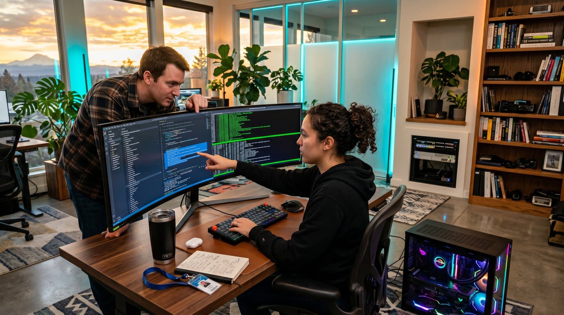 PC workstation with dual monitors showing Warp Terminal 120 FPS GPU rendering, Rust code scrolling, NVIDIA RTX 5090 tower, modern office setup