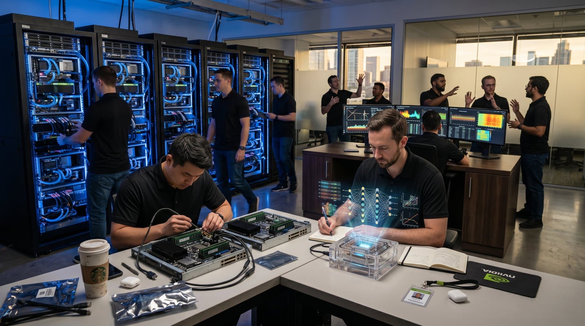 Enterprise AI lab with GPU clusters, server racks, and monitors displaying neural networks in high-tech setup