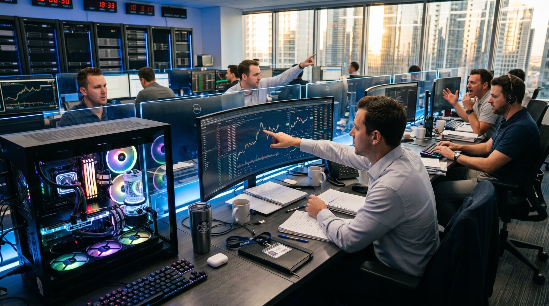 PC trading rig with monitors showing crypto charts, benchmarks, and JST/BTC tickers on modern desk