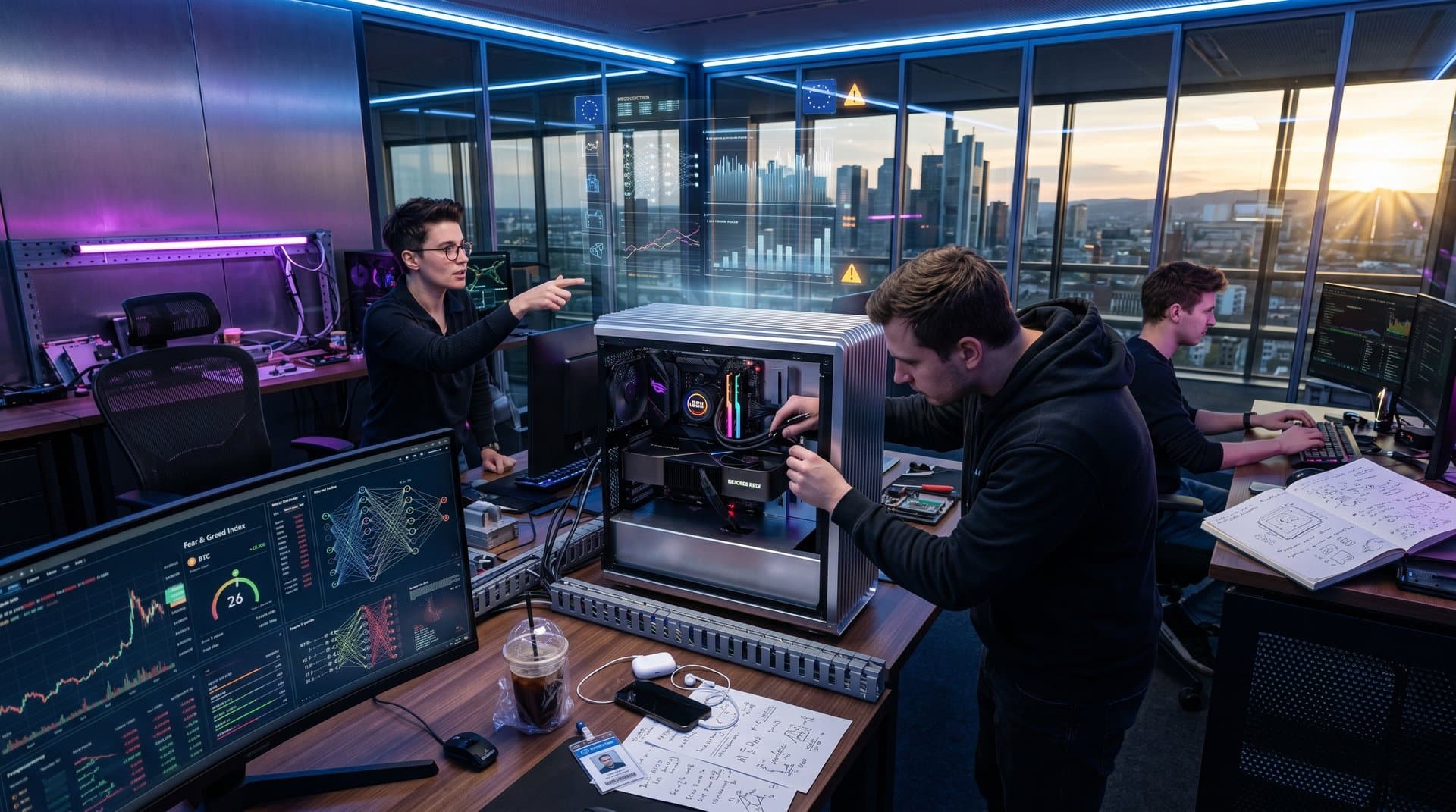 Nvidia GPU and AMD PC hardware setup displaying AI benchmarks under EU regulatory context