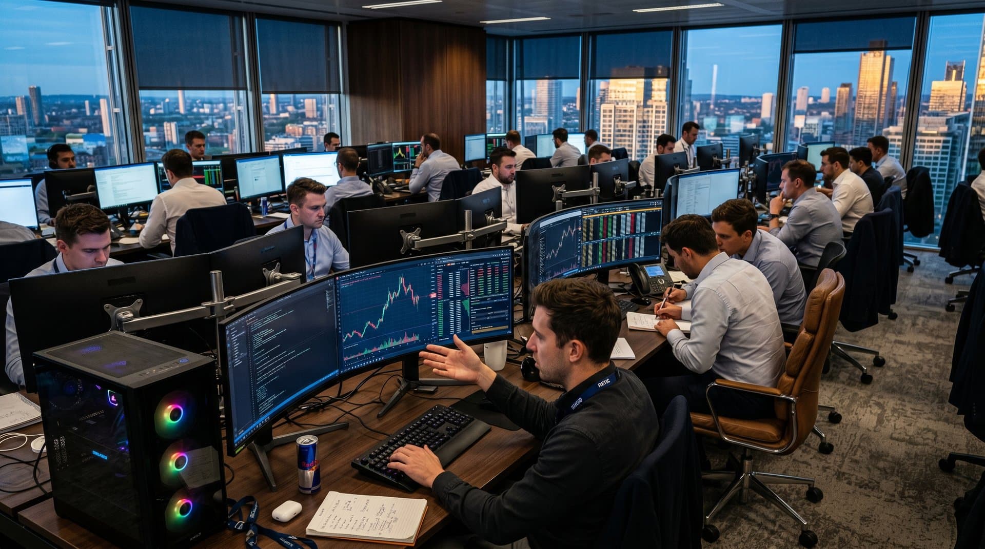 Hedge fund trading floor with Ryzen PCs, ultrawide monitors displaying crypto tickers and C compilers
